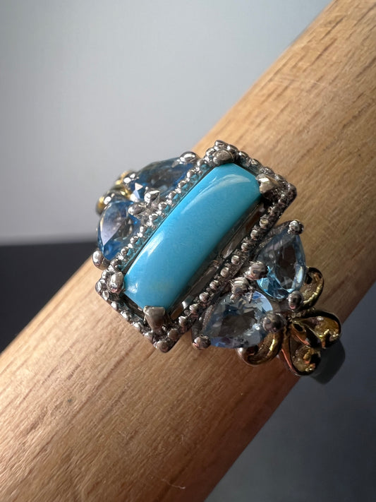 Vintage style turquoise and blue topaz ring size 10