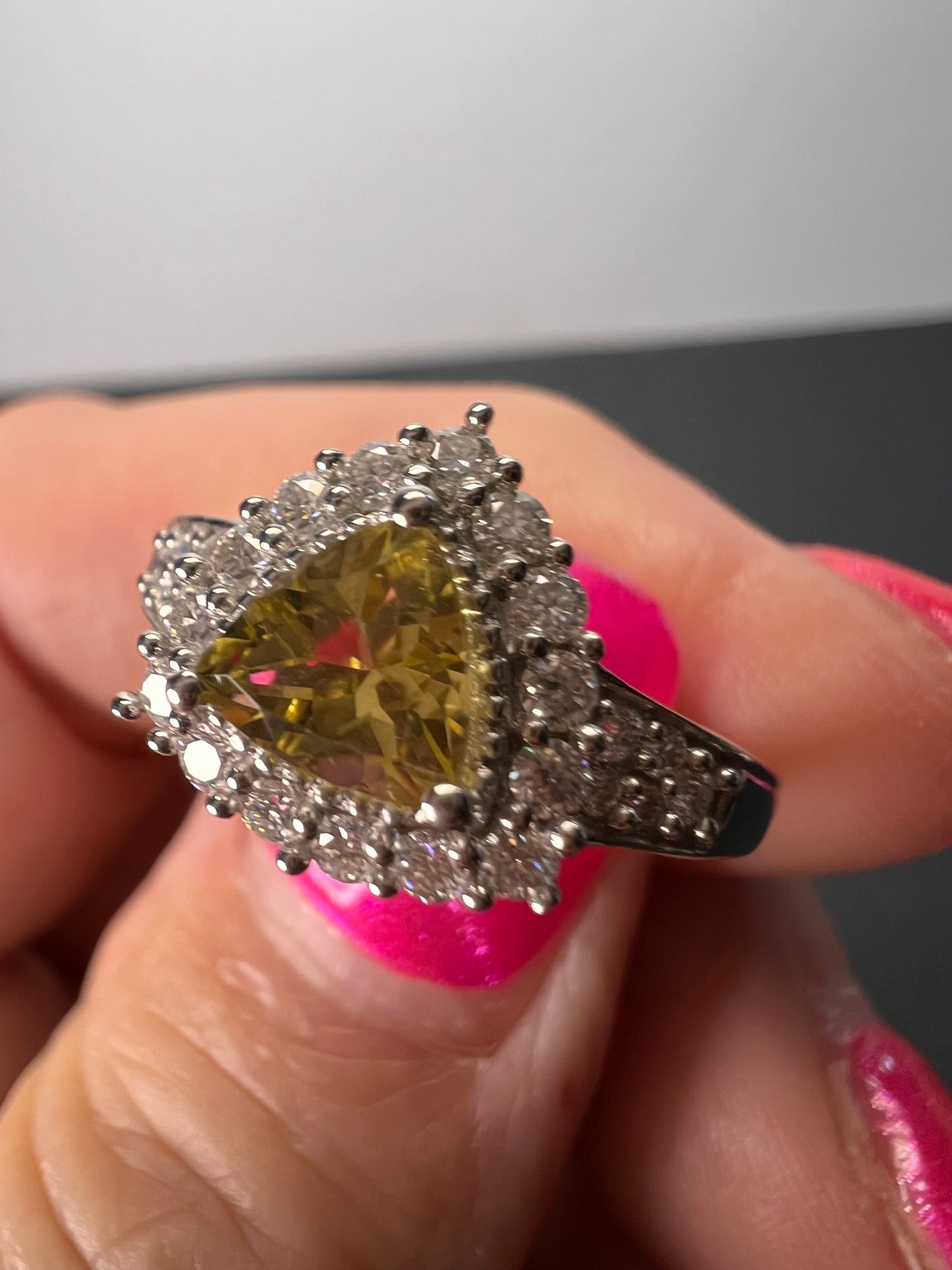 NEW yellow beryl and moissanite halo ring in platinum over sterling silver-size 7
