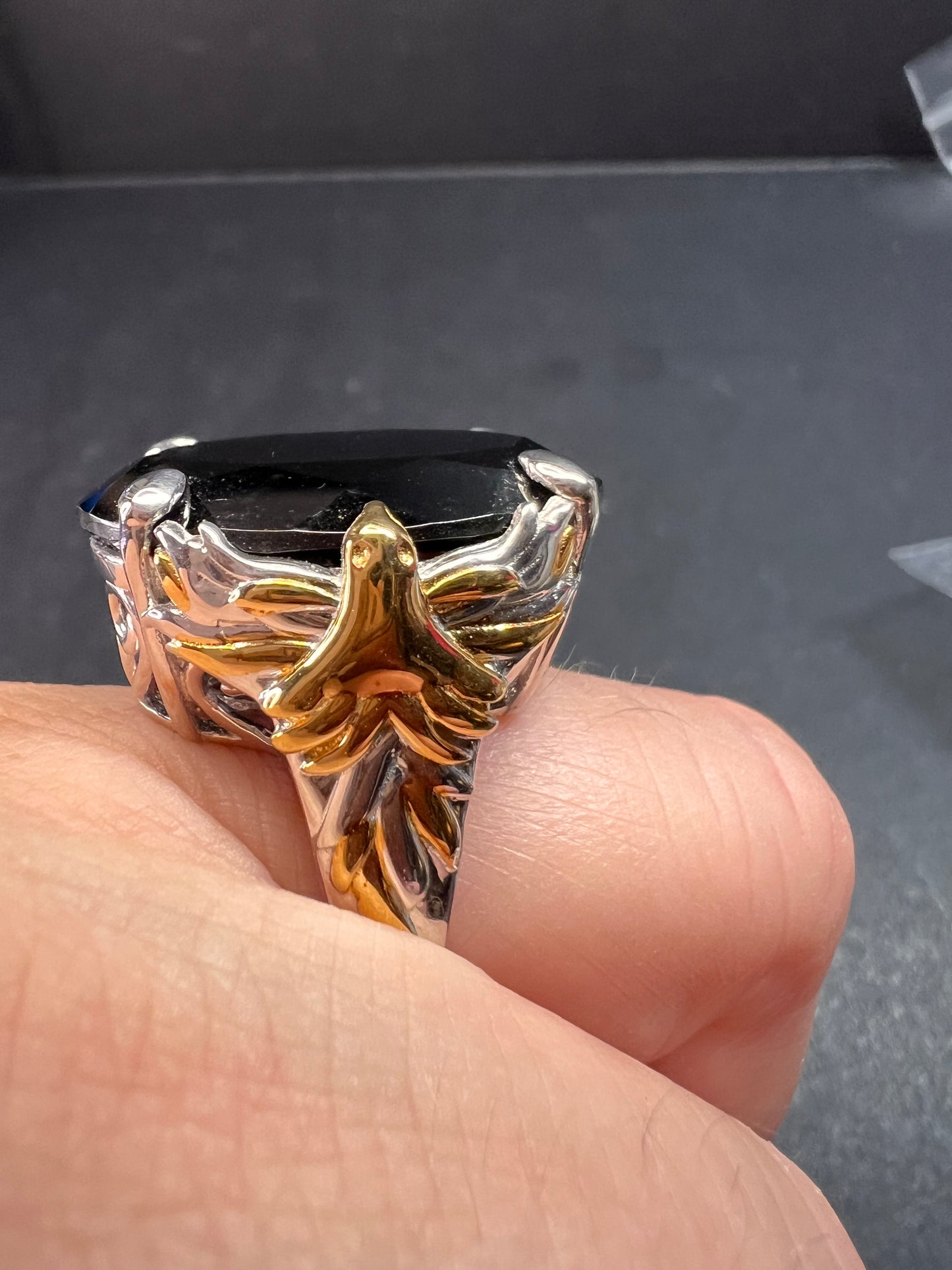 NEW Black spinel Phoenix ring in rhodium and gold vermeil over sterling silver size 7