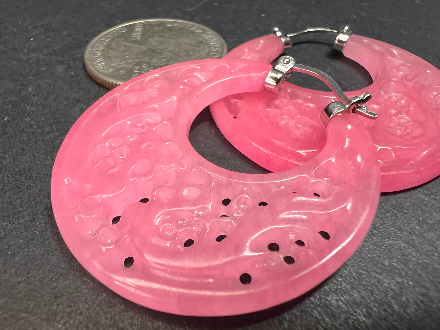 NEW pink jade carved dragon hoop earrings with sterling silver closures