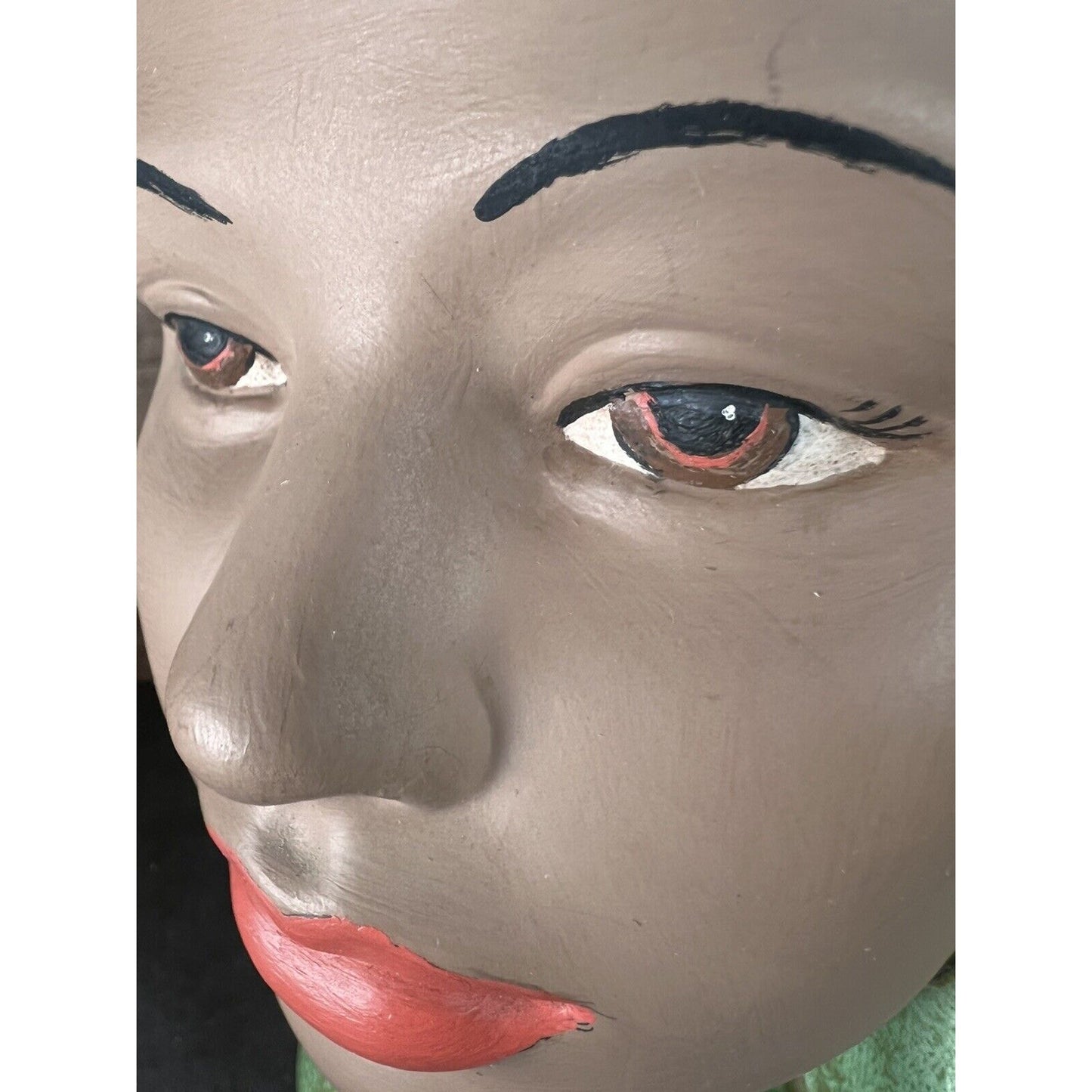 Vintage Female Head Bust Hand Painted Chalk Ware Green Head Scarf Ceramic