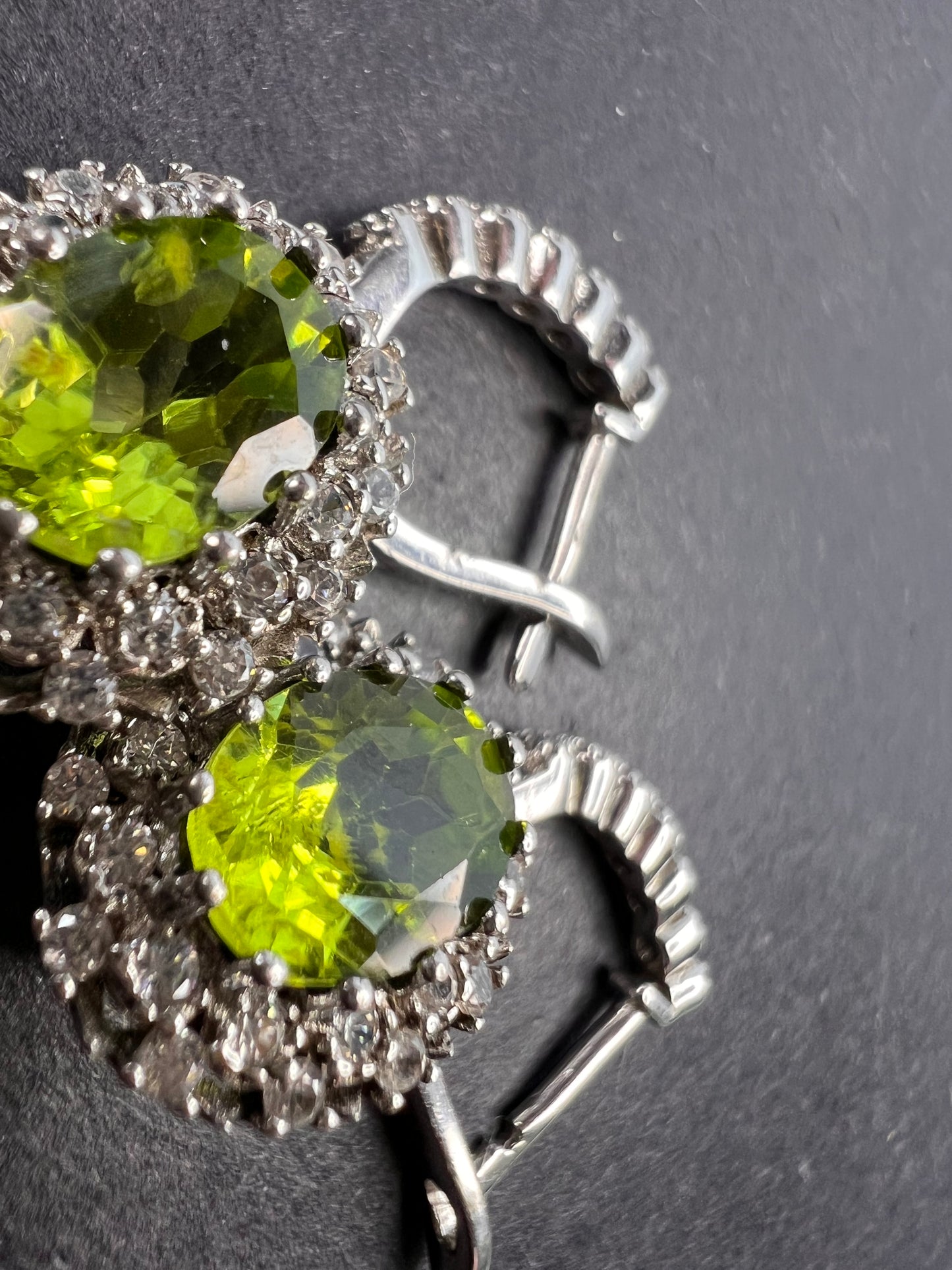 Manchurian Peridot and zircon drop halo earrings in rhodium over sterling silver 5.42 ctw