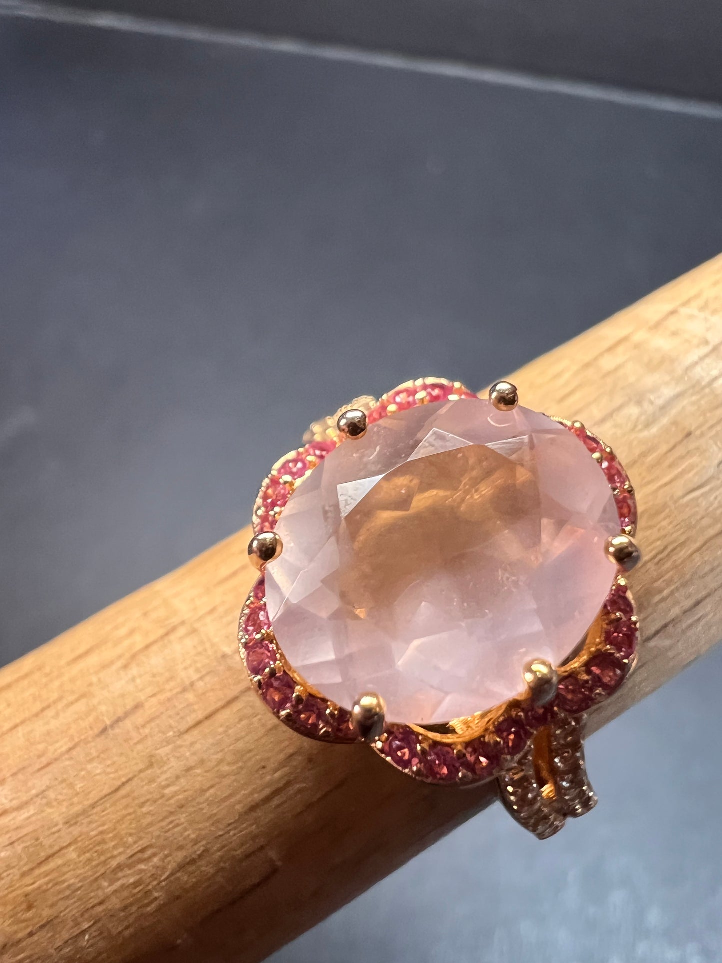 NEW Rose Quartz and lab pink sapphire rose gold over sterling silver ring size 8