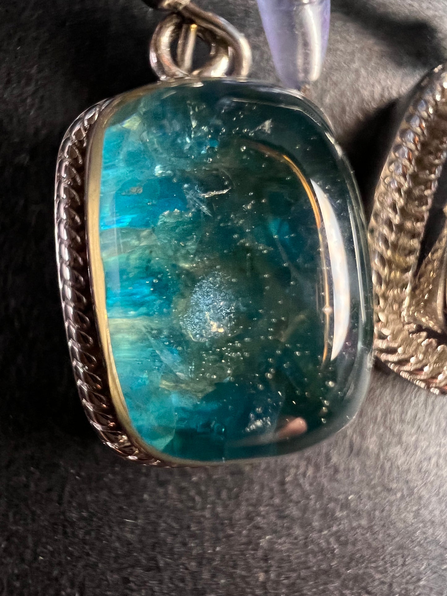 NEW neon apatite in matrix in platinum over copper