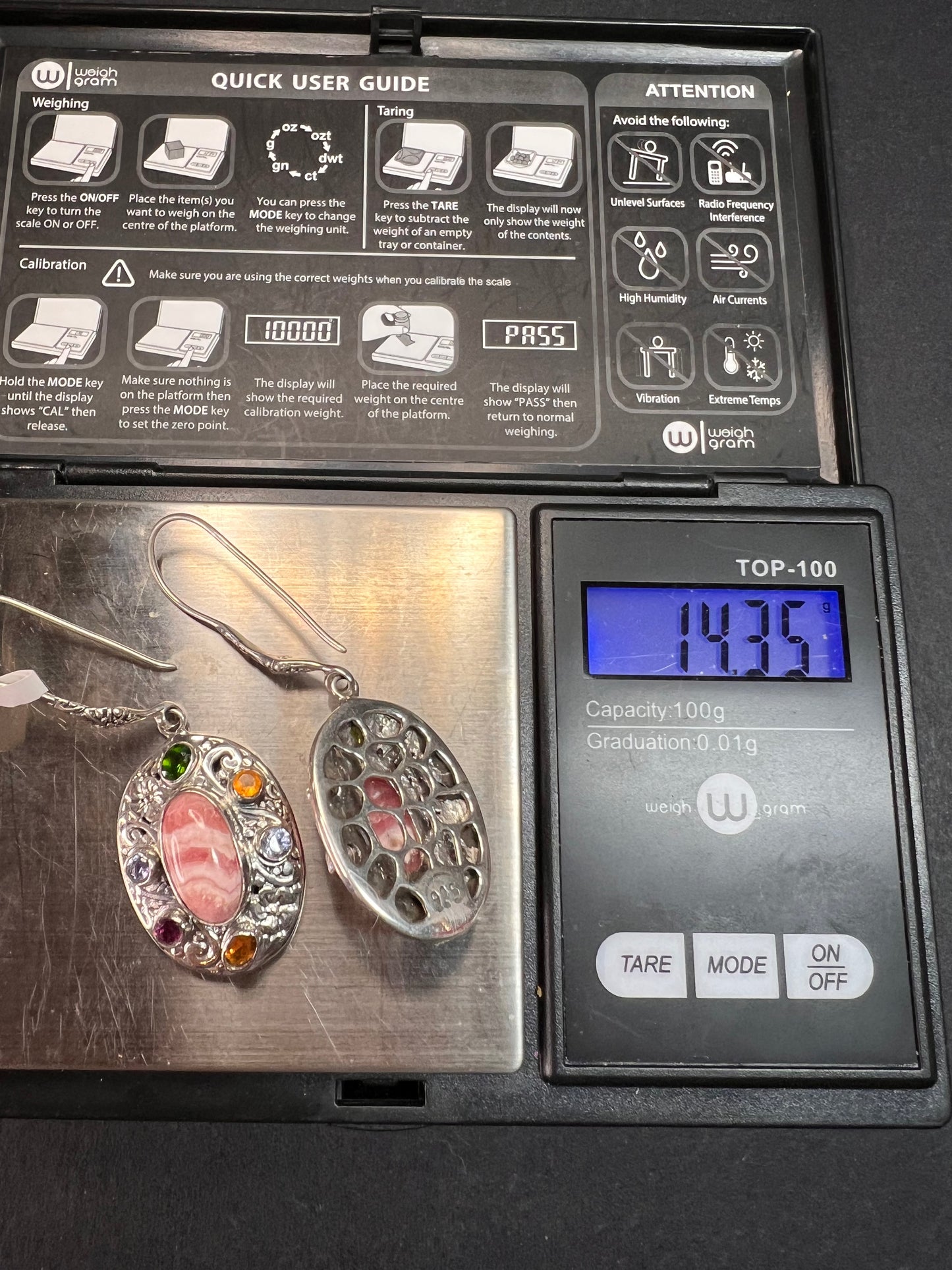 NEW Bali rhodochrosite multi gem sterling silver earrings