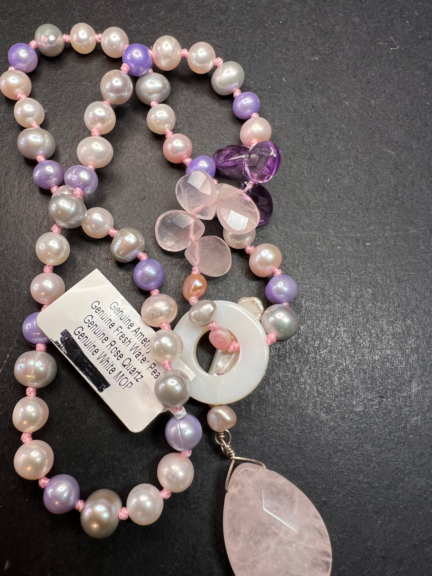 NEW multi color freshwater pearl, rose quartz and amethyst necklace
