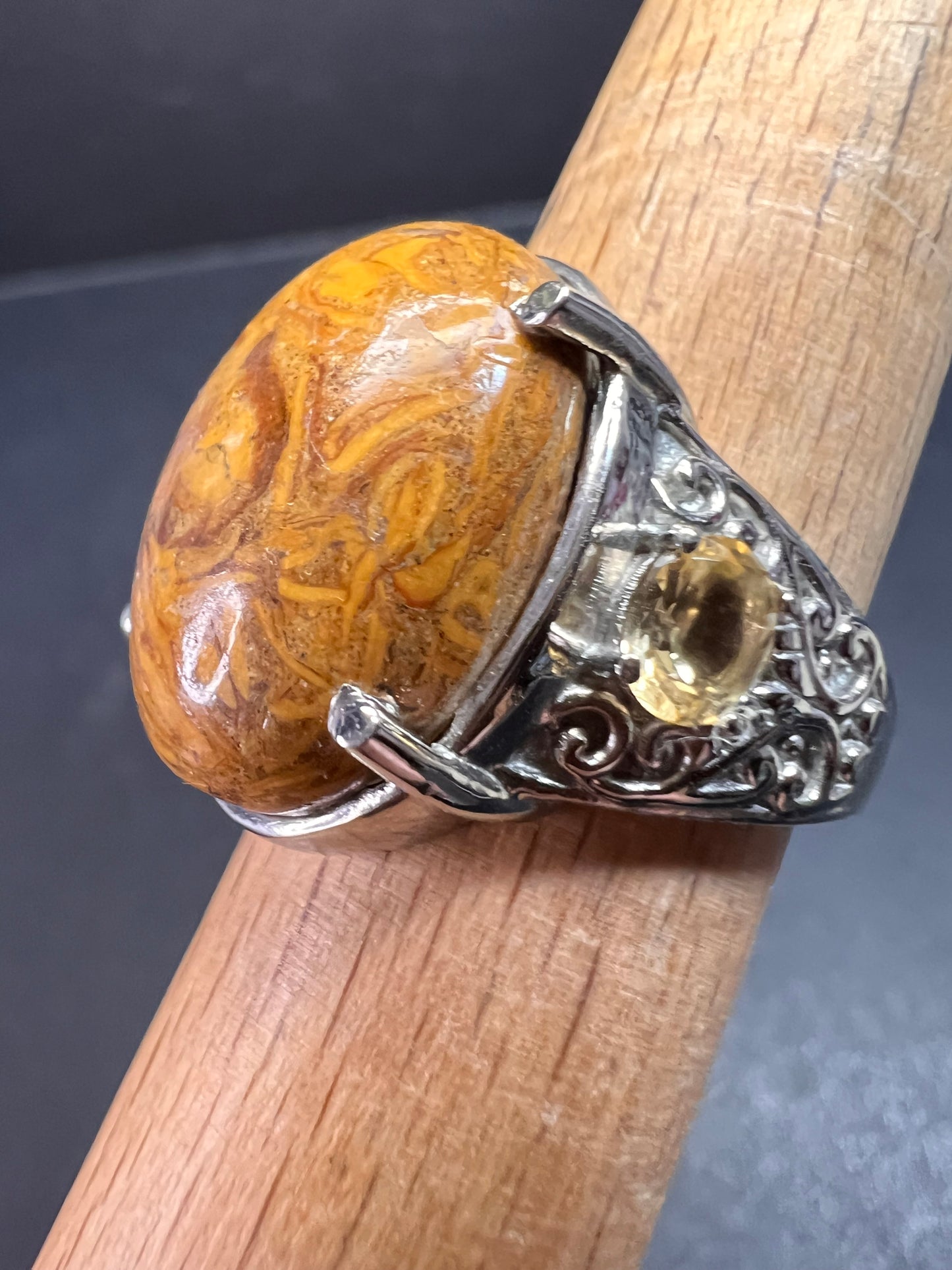 NEW script stone and citrine stainless steel ring size 8