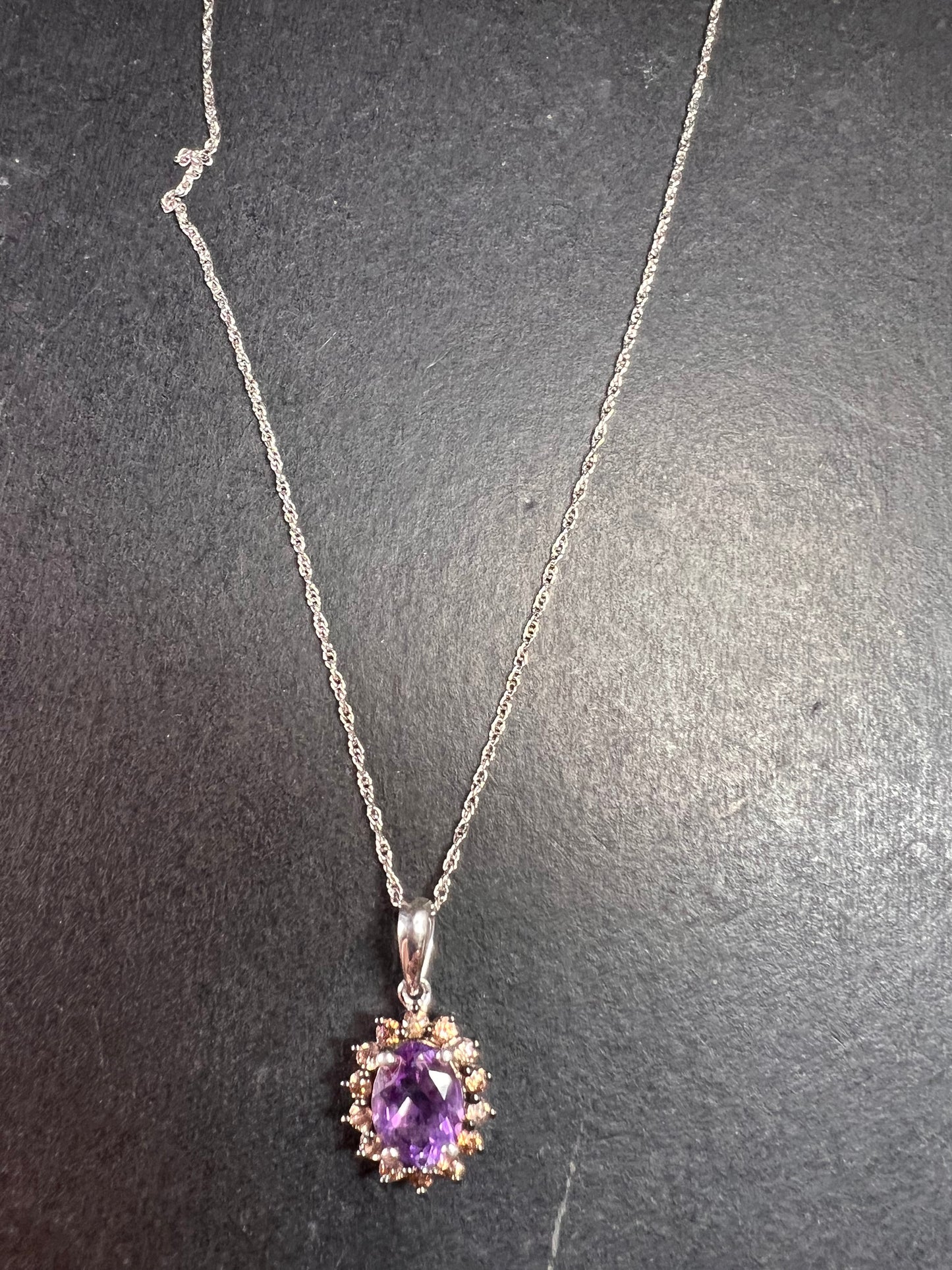 NEW Moroccan rose amethyst and brown zircon halo pendant in sterling silver with vintage chain