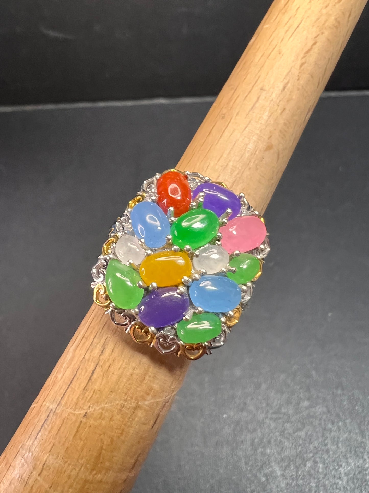 NEW rainbow harmony jade ring in vermeil and rhodium over sterling silver size 5