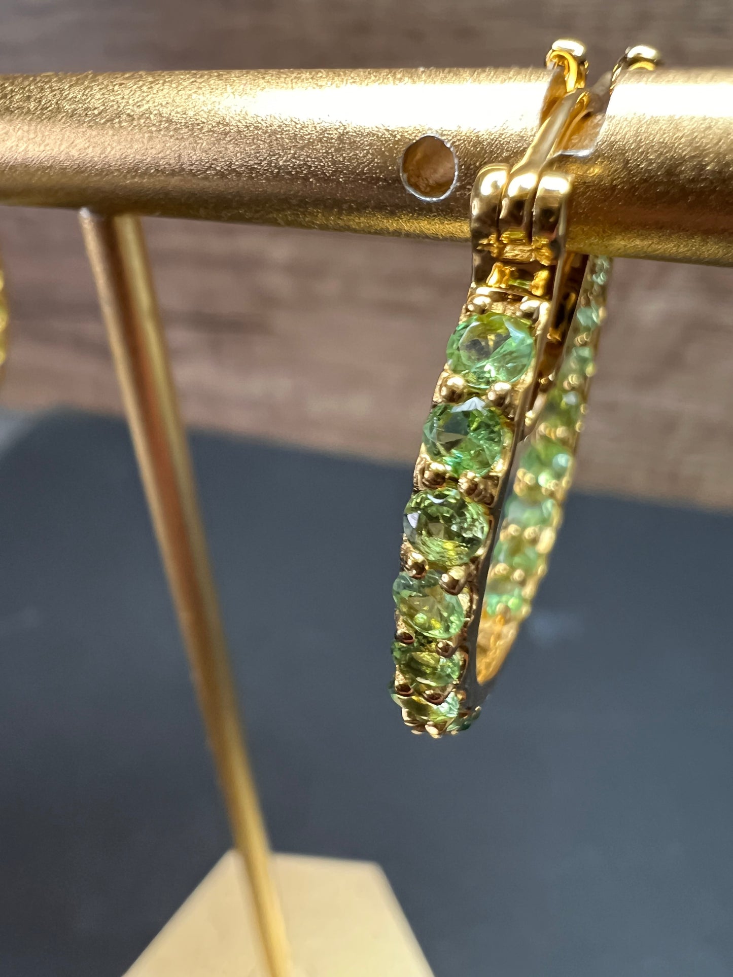 Tsavorite garnet j hoop inside out earrings in yellow gold vermeil over sterling silver