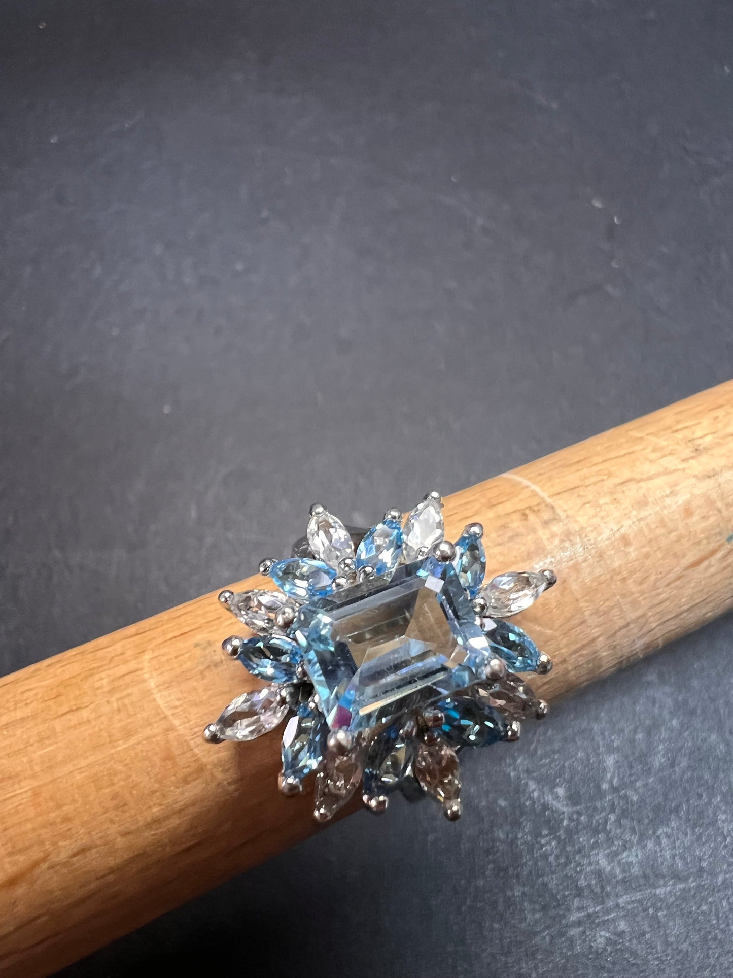 Vintage Sky blue and white topaz sterling silver ring size 8