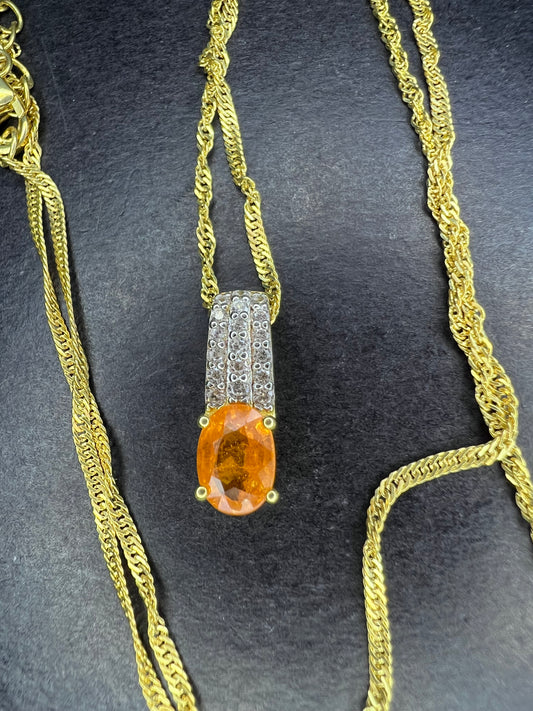 Orange Mandarin Garnet 18K Yellow Gold Over Silver Pendant With Chain 1.02ctw *NEW*