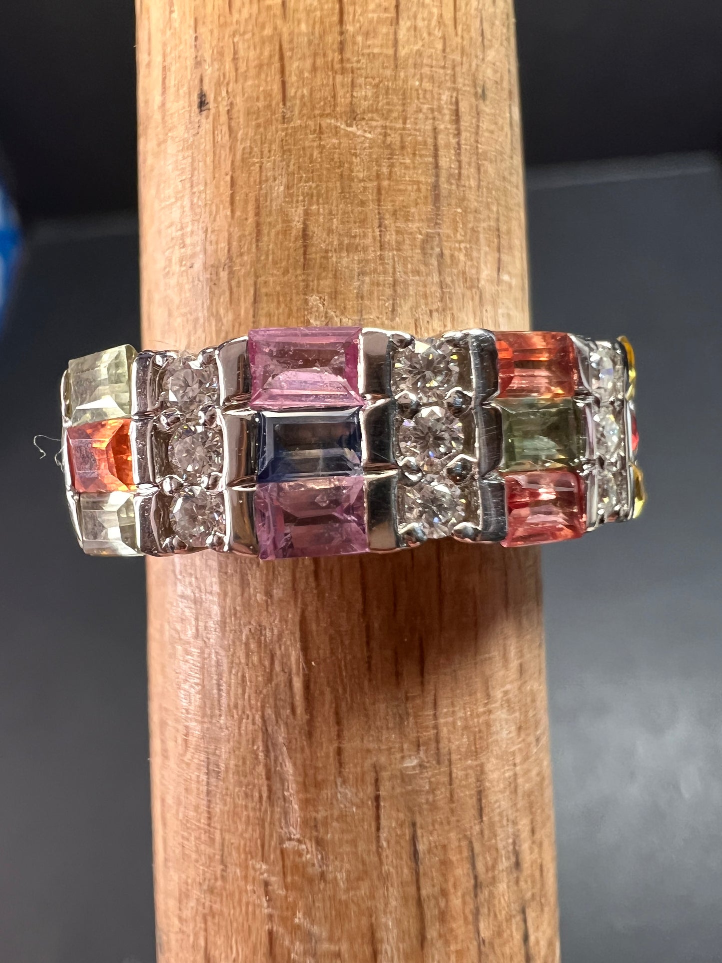 NEW multi sapphire and moissanite art deco style ring in rhodium over sterling silver size 5