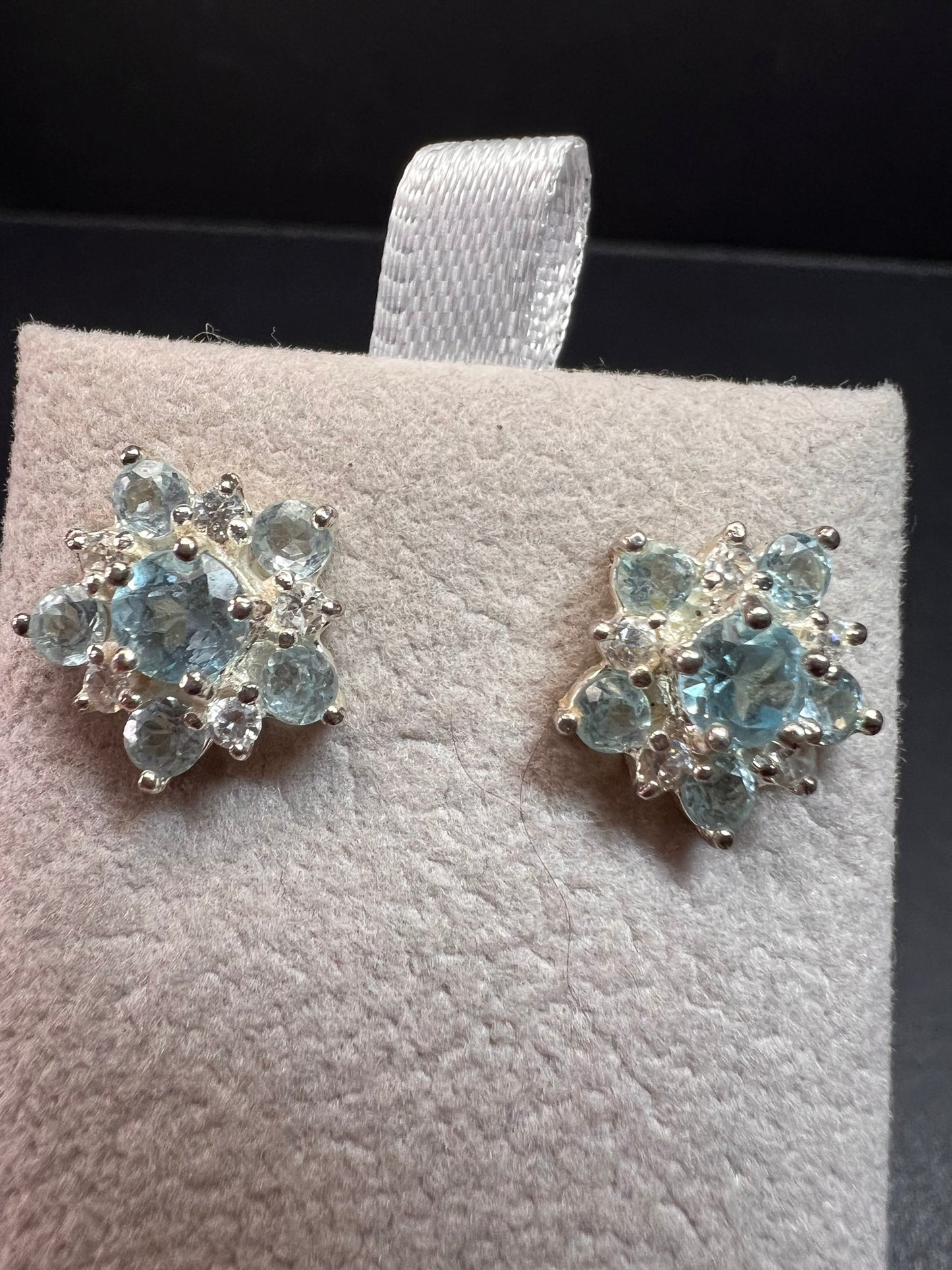 Vintage blue topaz and cz sterling silver snowflake stud earrings