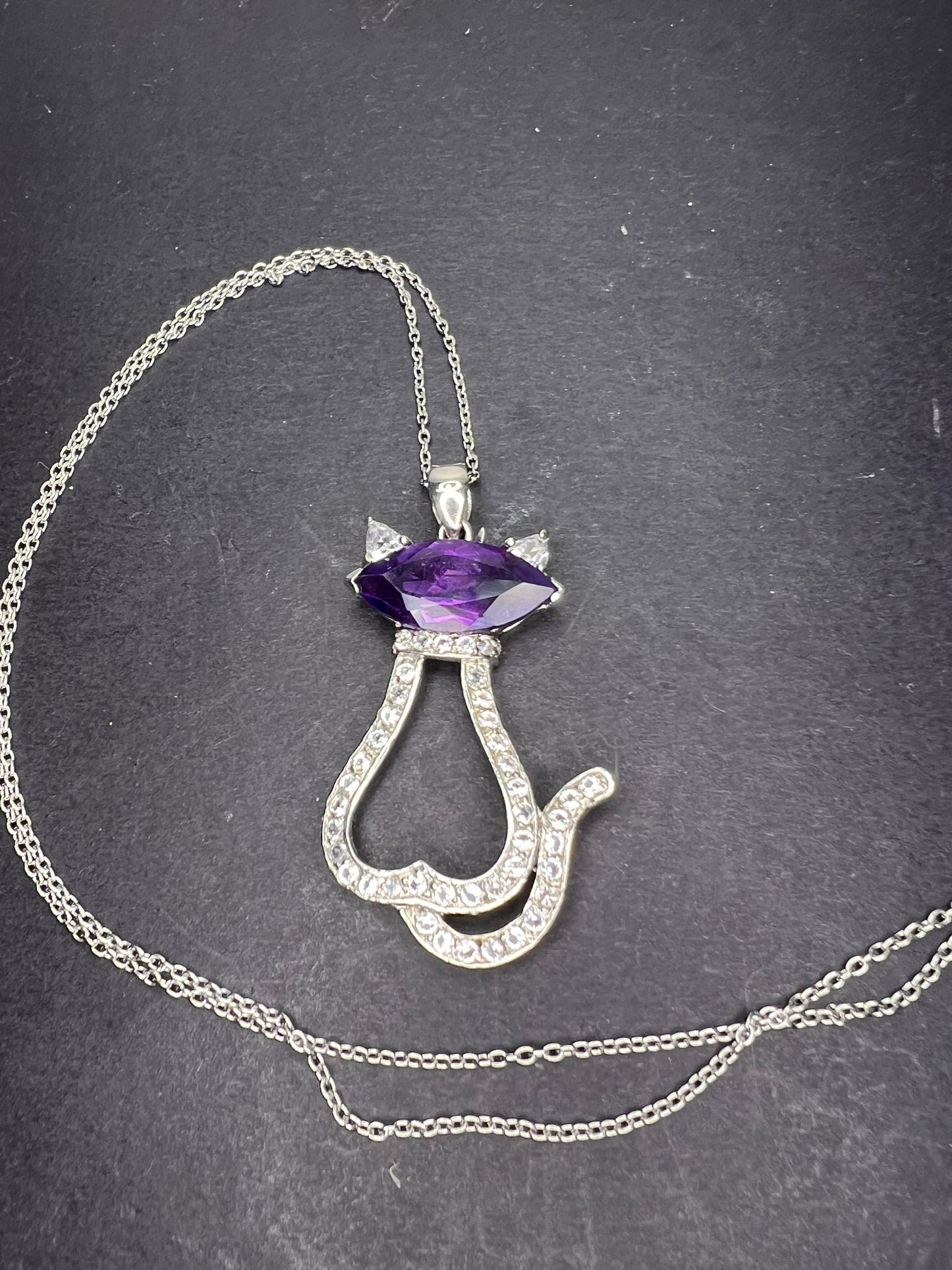Purple Amethyst white topaz Rhodium Over Silver Cat Pendant Chain