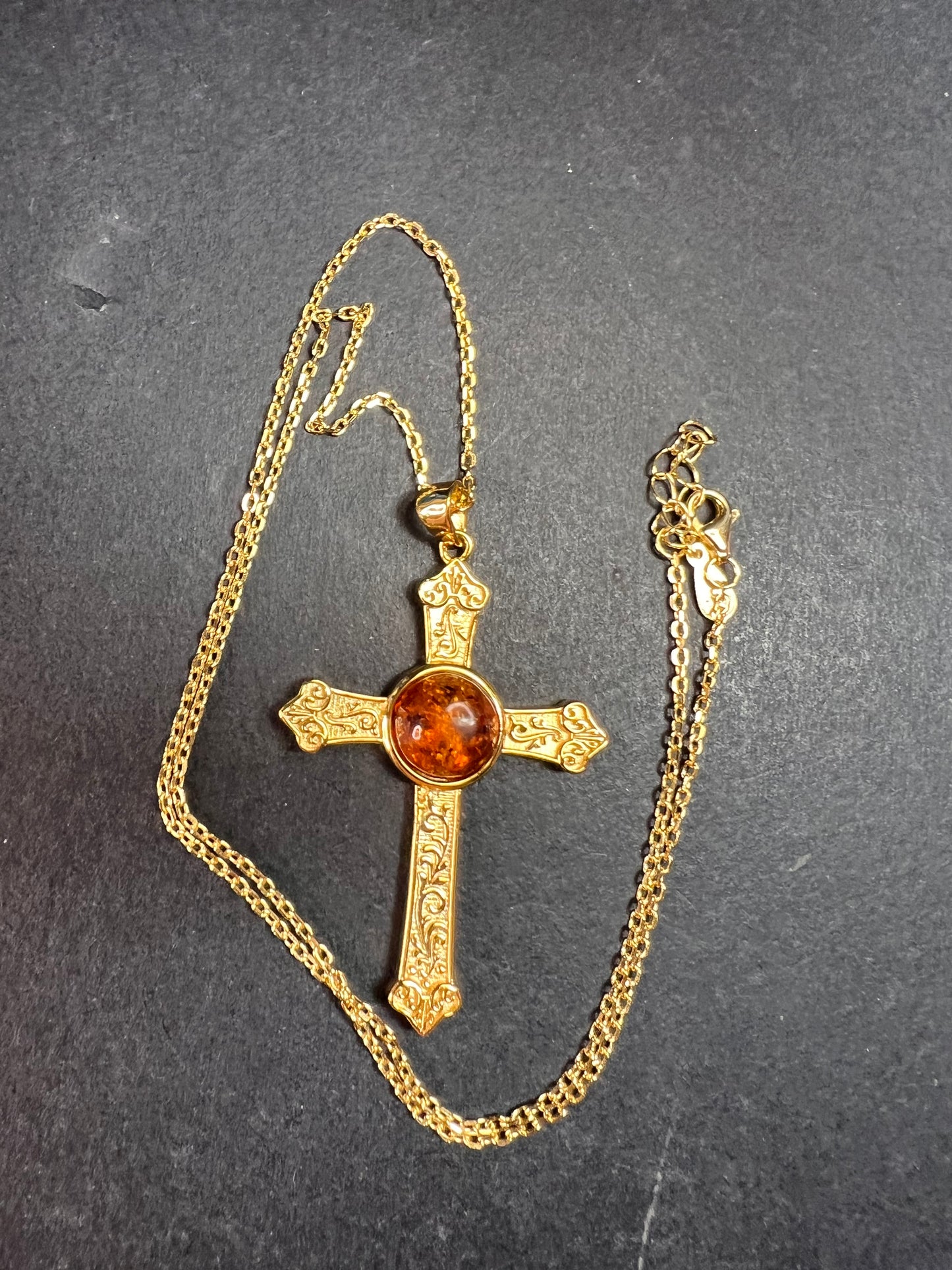 NEW Baltic Amber cross pendant in gold over sterling silver