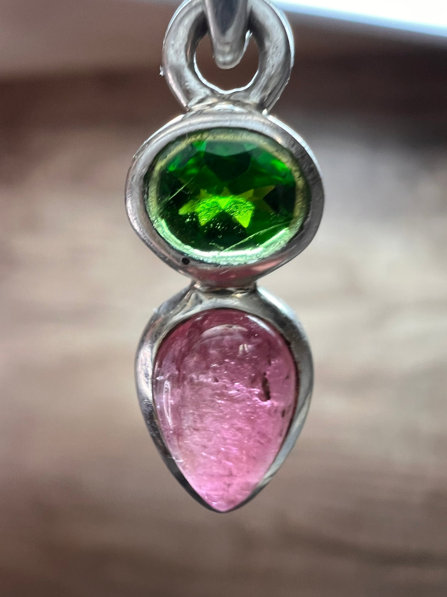 NEW Pink tourmaline and chrome diopside sterling silver pendant 1.47 grams