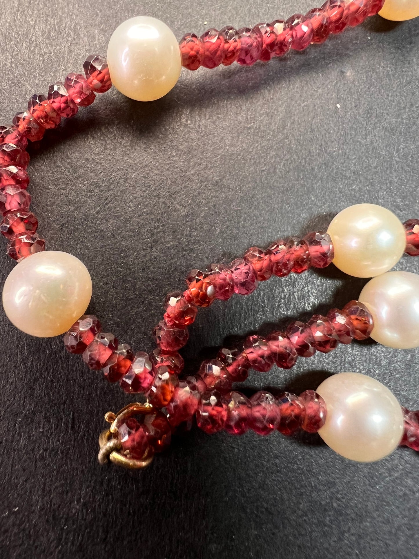 14k gold clasp garnet and pearl station necklace 18 inches