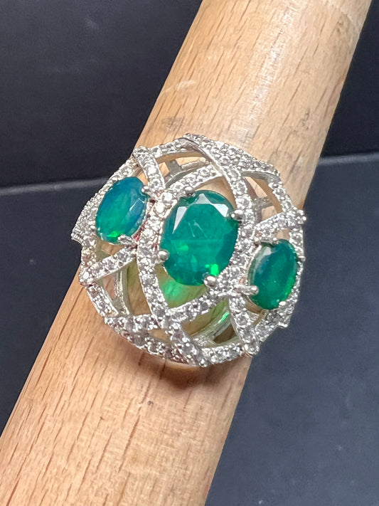 Synthetic emerald CZ sterling silver cocktail ring size 9