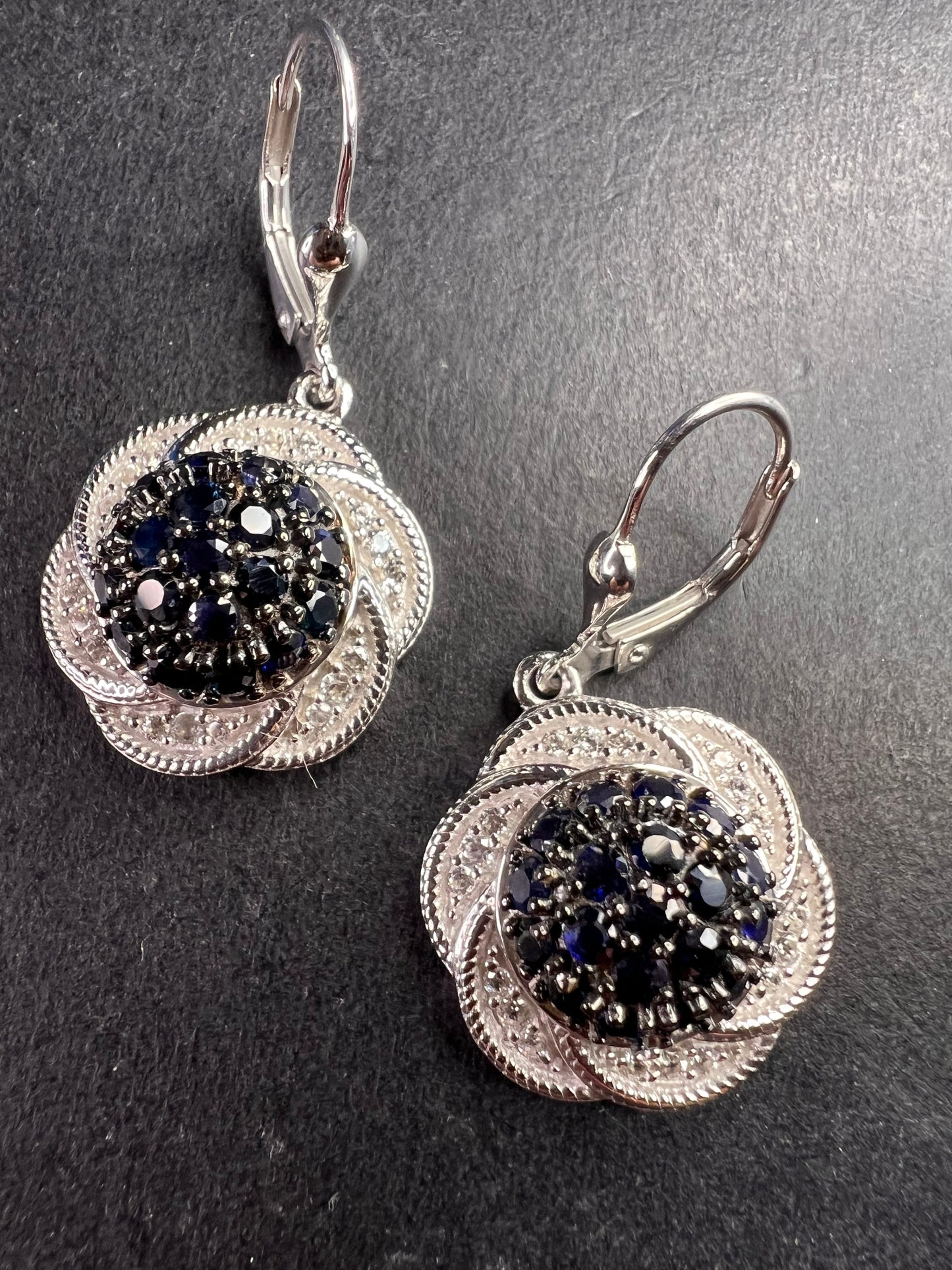 NEW blue sapphire and zircon galaxy halo earrings in rhodium over sterling silver