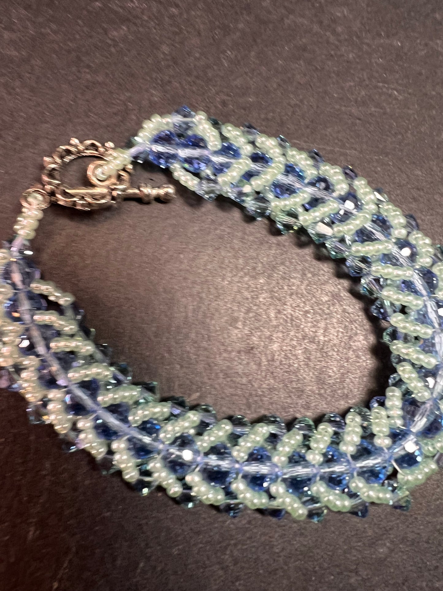 Vintage Blue & Green Crystal Beaded Chevron Braid Toggle Bracelet Y2K