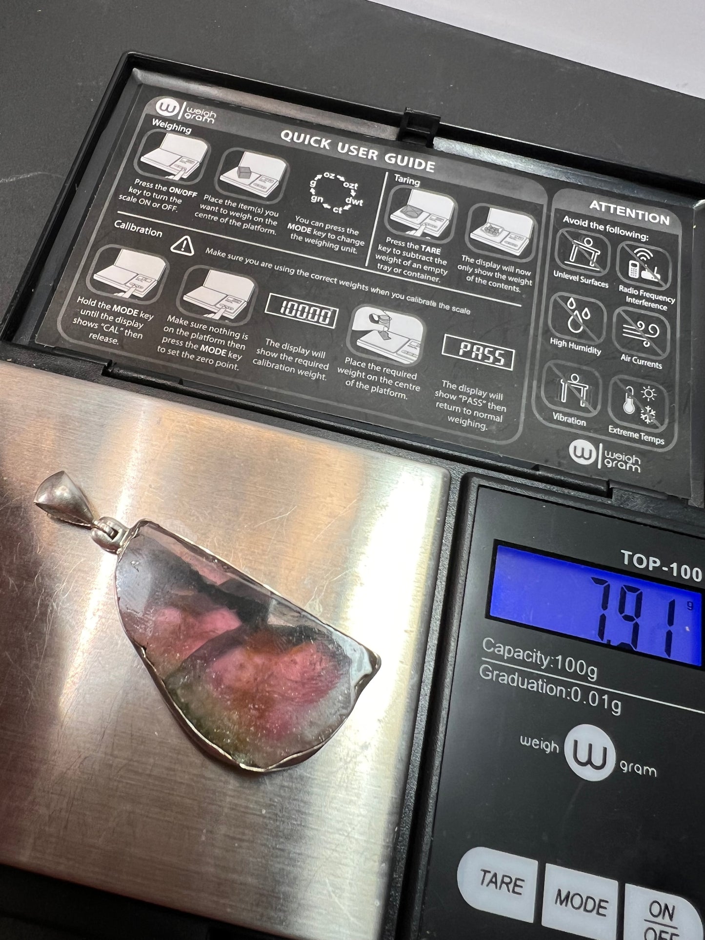 NEW Watermelon multi tourmaline sterling silver pendant 7.91 grams