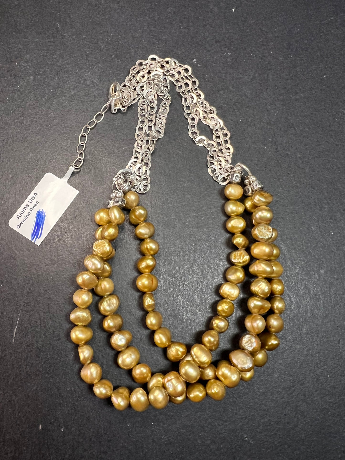 NEW golden green freshwater pearl and sterling silver necklace