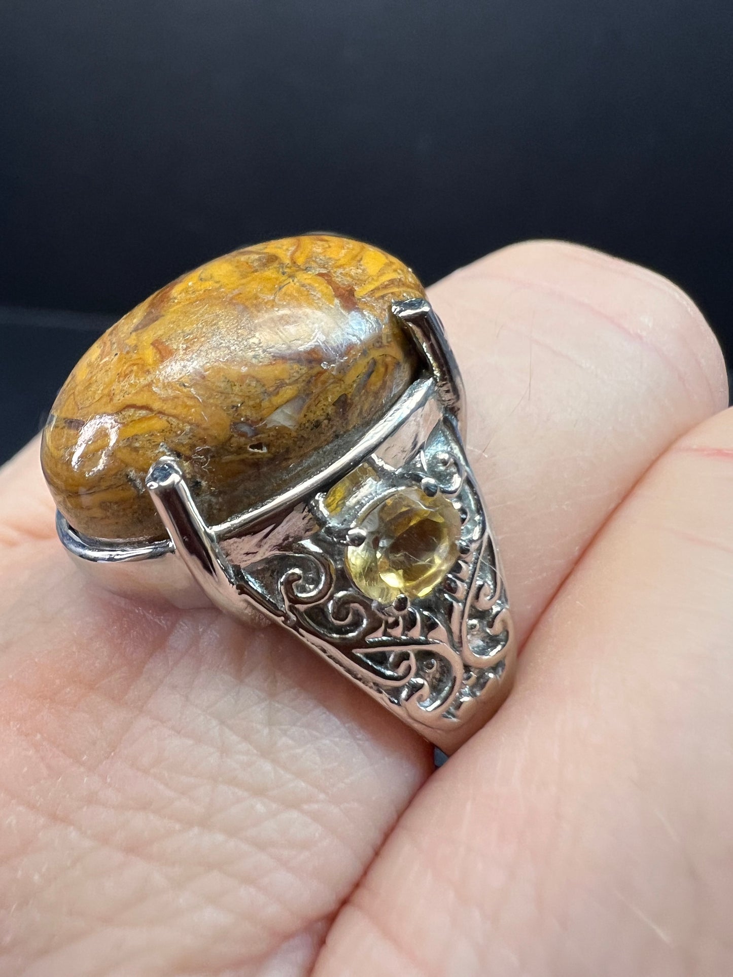 NEW script stone and citrine stainless steel ring size 8