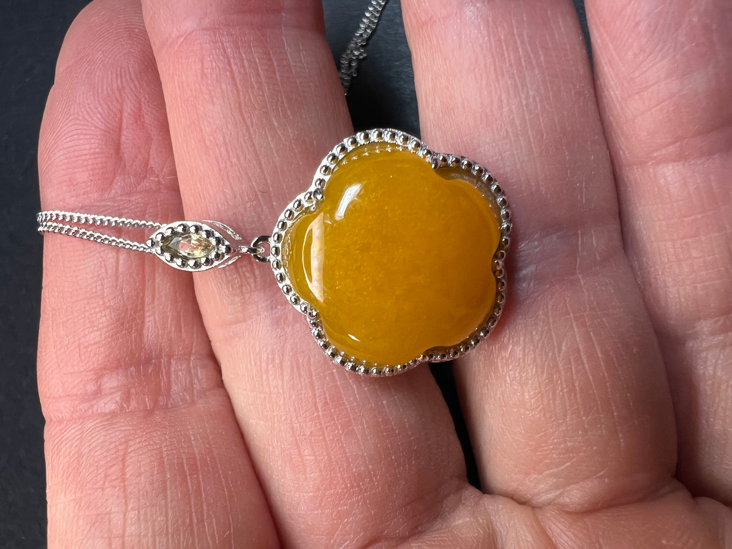 NEW Yellow jade cherry blossom pendant necklace in sterling silver