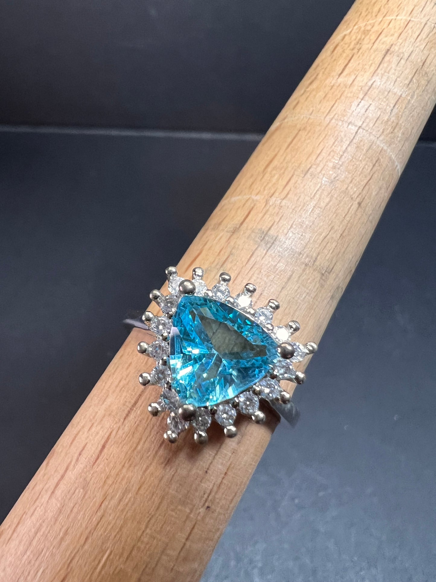 Sky blue trillium CZ halo sterling silver ring size 9