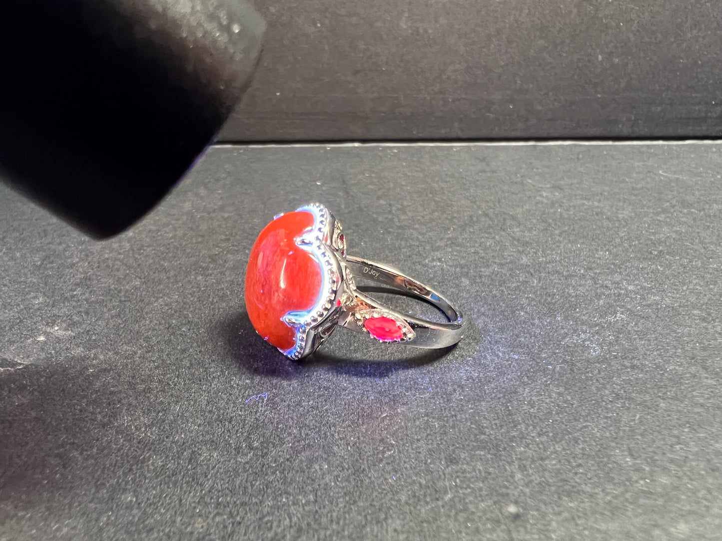 NEW cherry red jade and ruby blossom ring in rhodium over sterling silver size 9