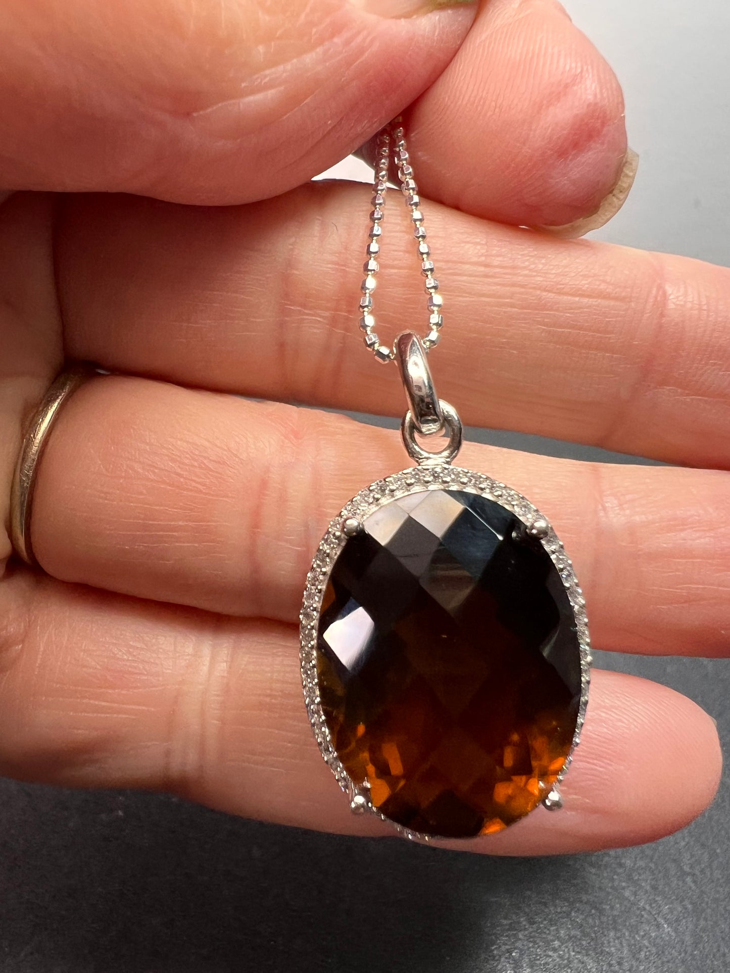 Cognac Quartz sterling silver halo pendant and chain