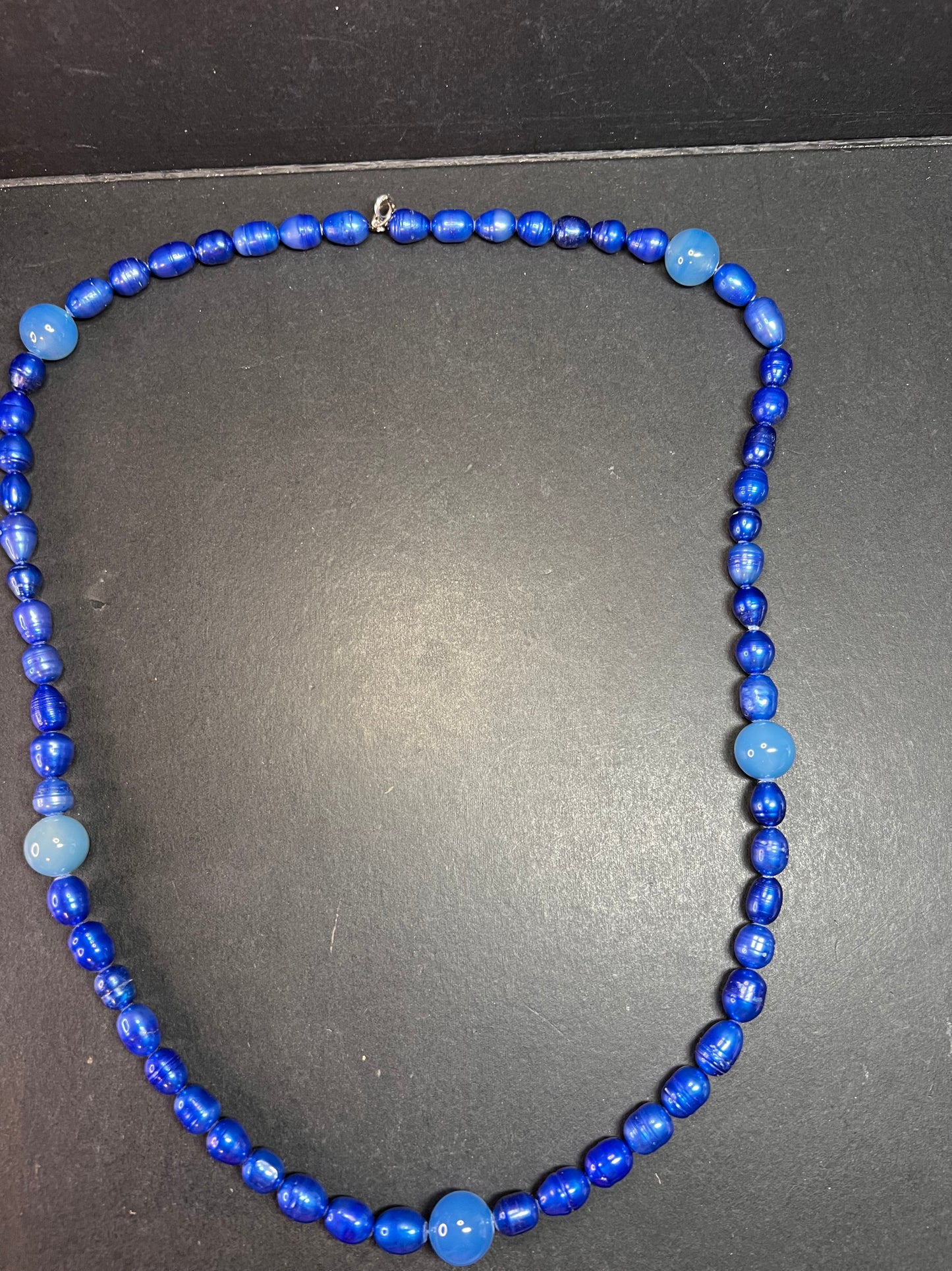NEW blue freshwater pearls and agate 32 inch necklace with sterling silver clasp