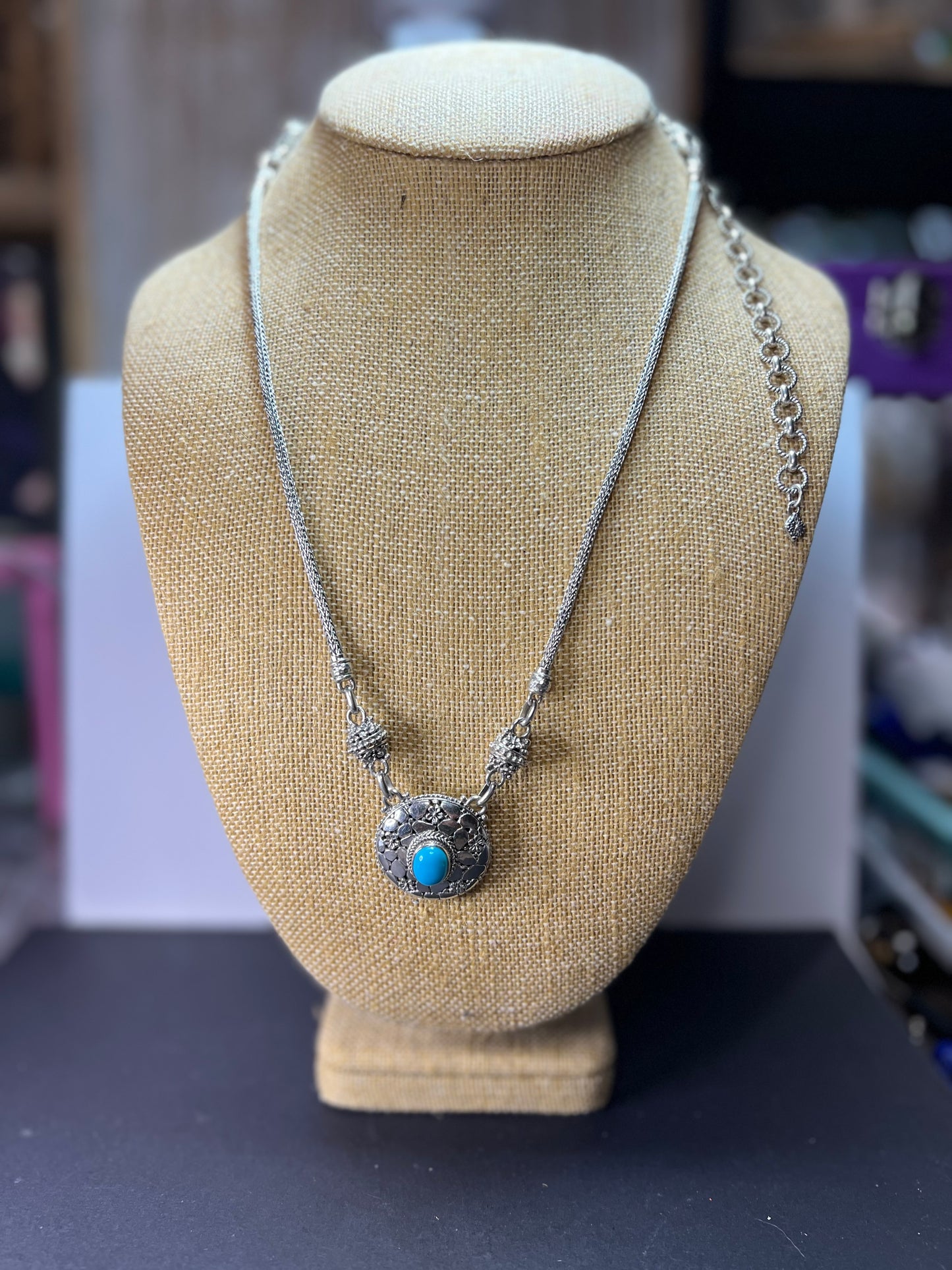 Sarda vintage turquoise Sterling silver Byzantine station 2 clasp adjustable necklace 16-25 inches