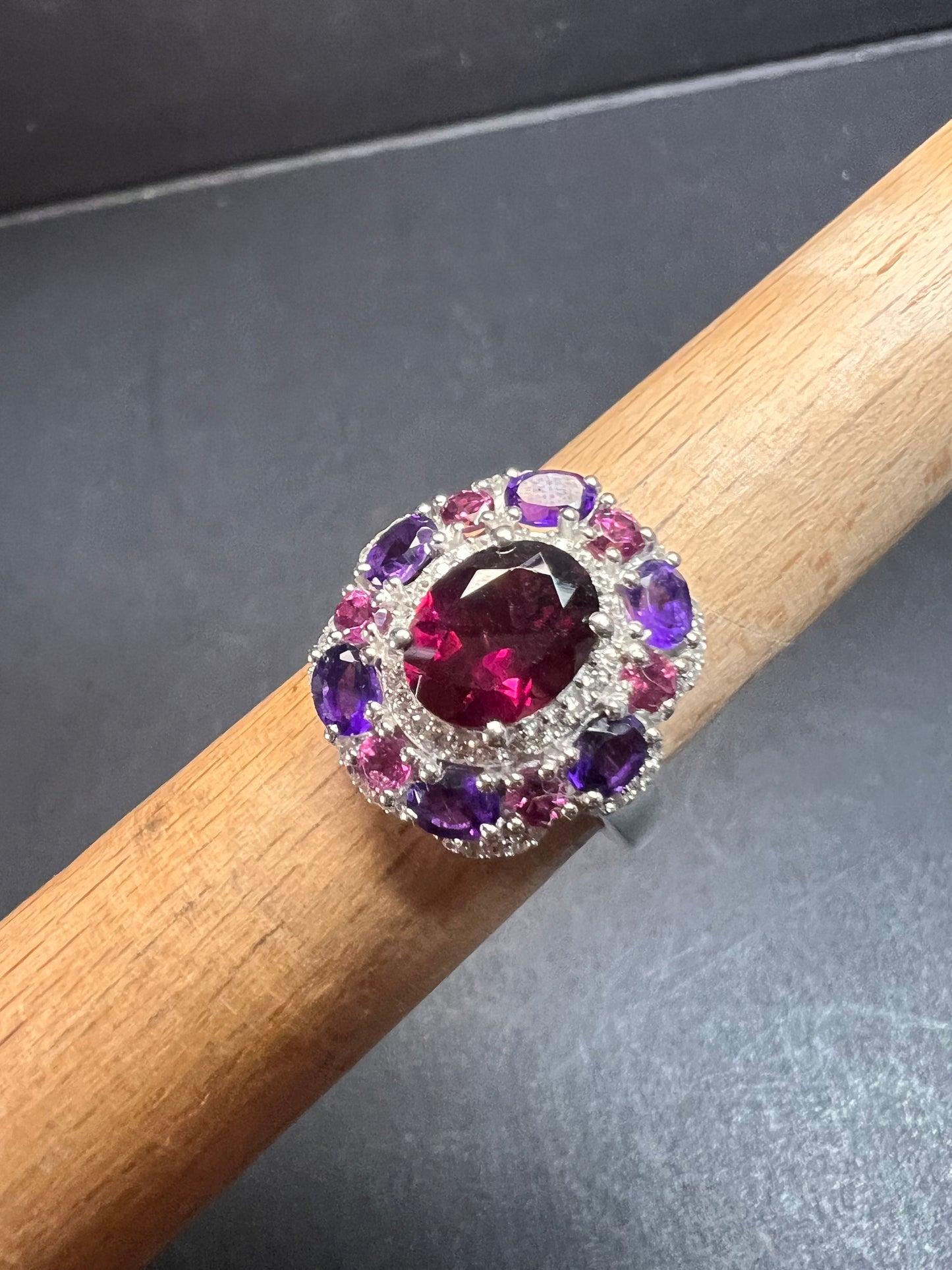 NEW rhodolite garnet and amethyst ring in sterling silver size 7
