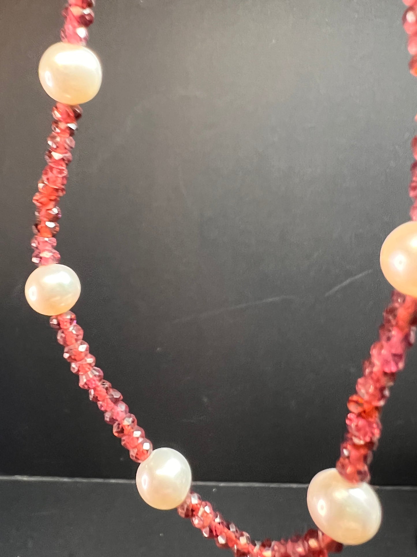 14k gold clasp garnet and pearl station necklace 18 inches