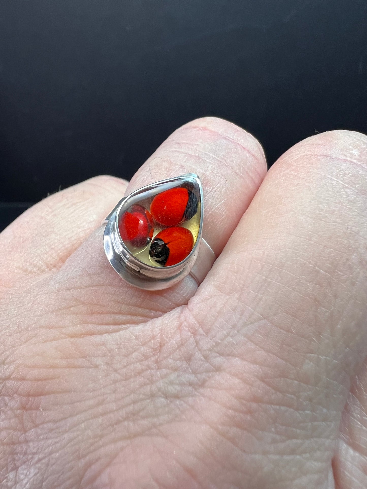 950 Silver Adjustable Huayruro Seed Resin Ring – Peruvian Artisan Good Luck Jewelry, Size 7