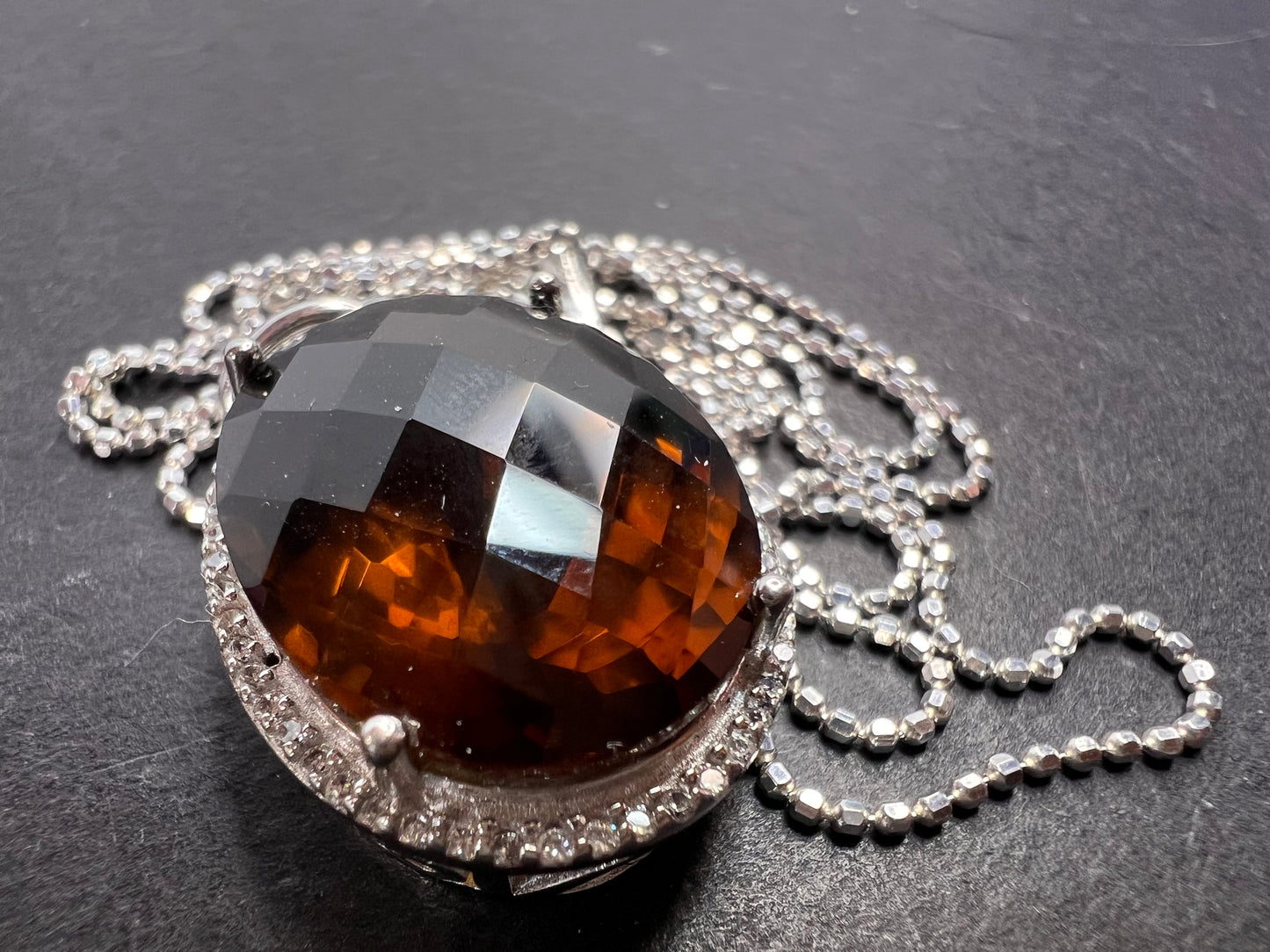Cognac Quartz sterling silver halo pendant and chain