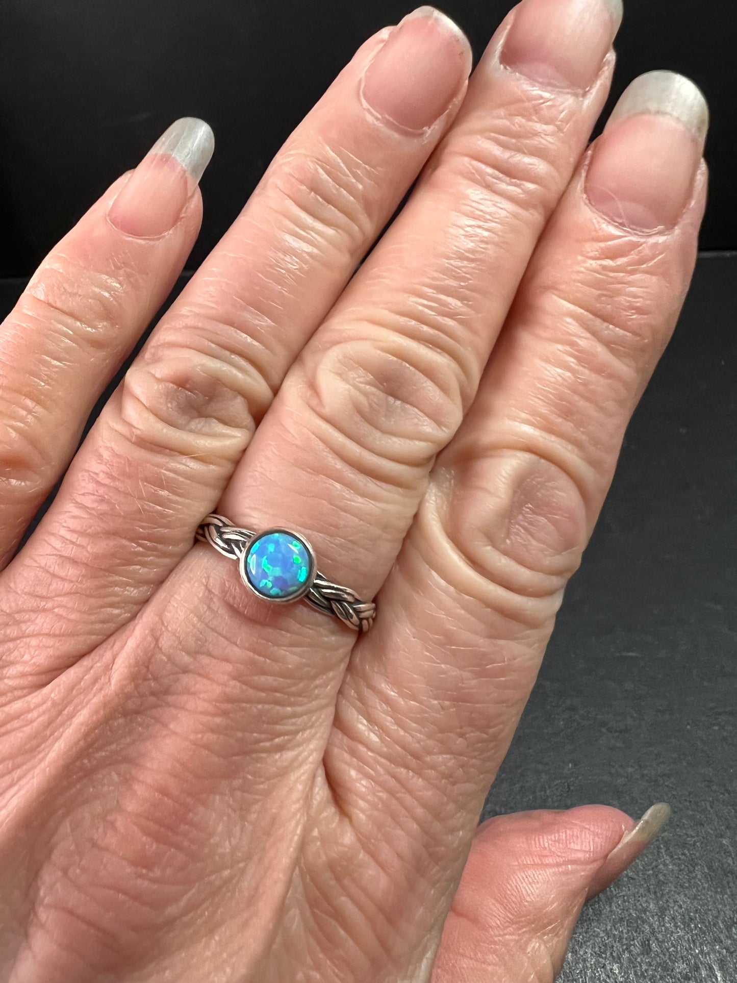 Sterling Silver Braided Band Ring with Lab Opal – Size 9