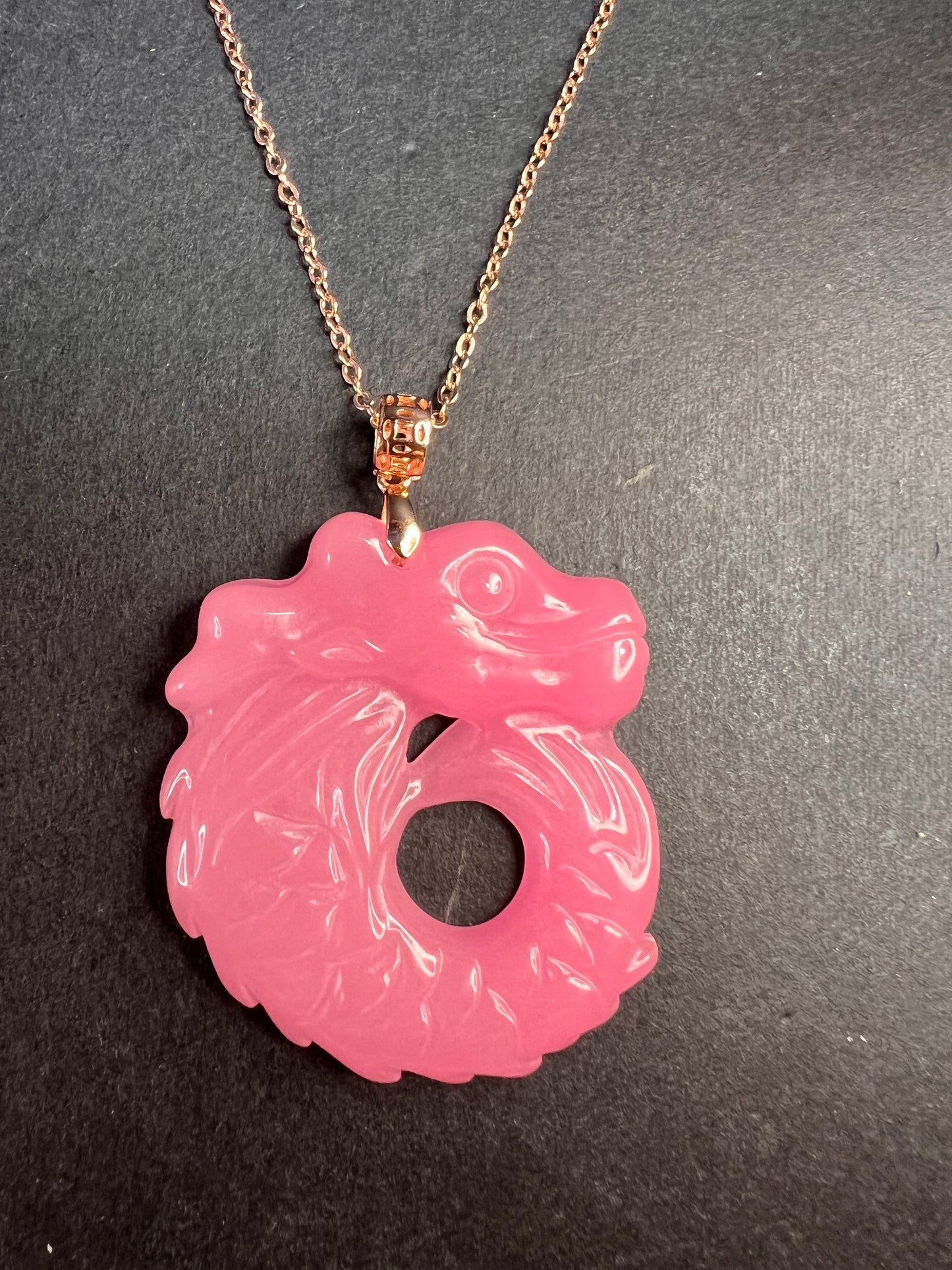 NEW Pink jade dragon pendant and 20 inch chain in rose gold over sterling silver