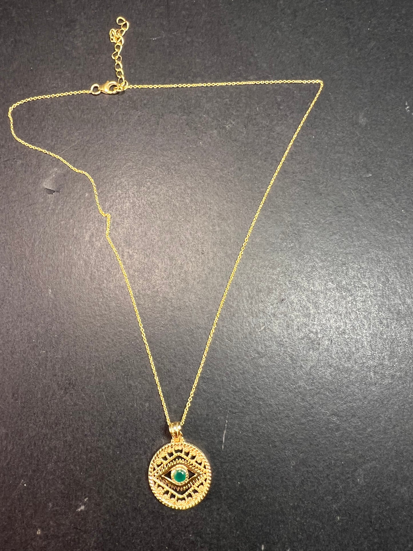 NEW Green onyx evil eye pendant and chain in gold over sterling silver