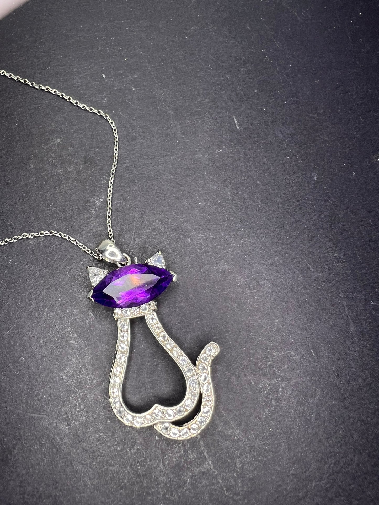 Purple Amethyst white topaz Rhodium Over Silver Cat Pendant Chain