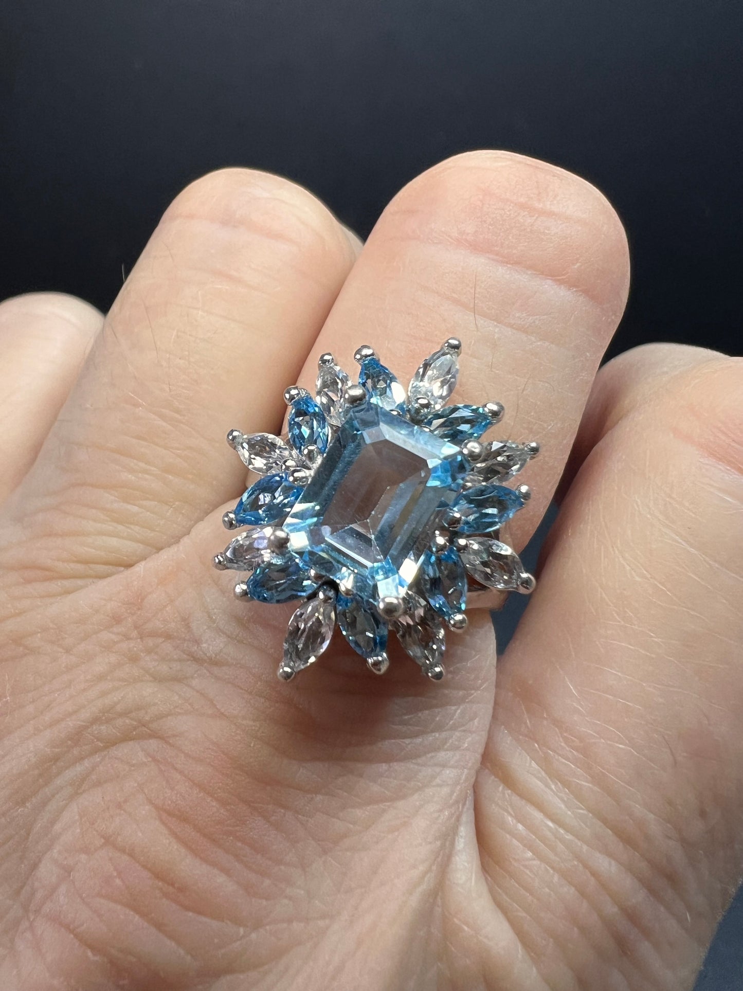 Vintage Sky blue and white topaz sterling silver ring size 8