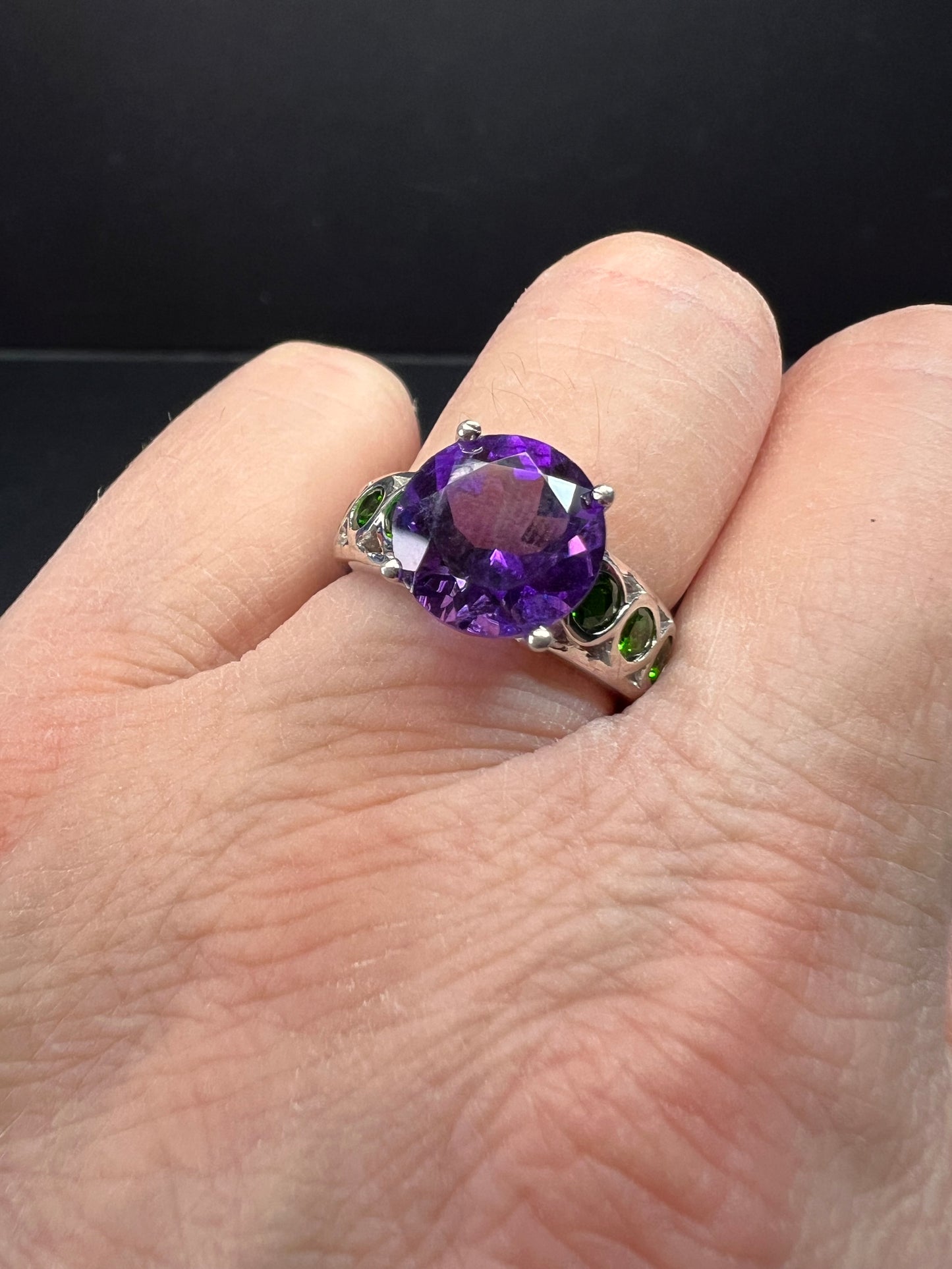 Vintage amethyst and chrome diopside ring in sterling silver size 7