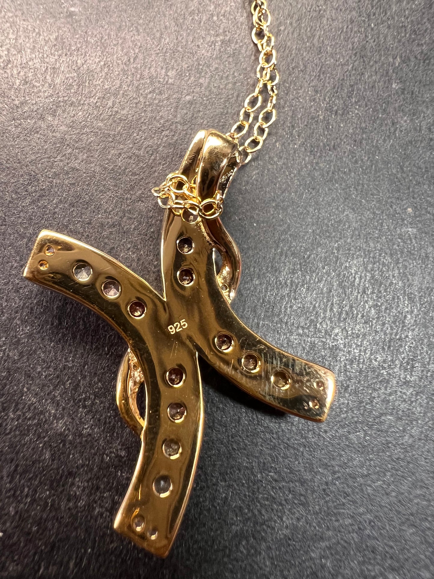NEW Rainbow sapphire curved cross pendant and chain in gold vermeil over sterling silver
