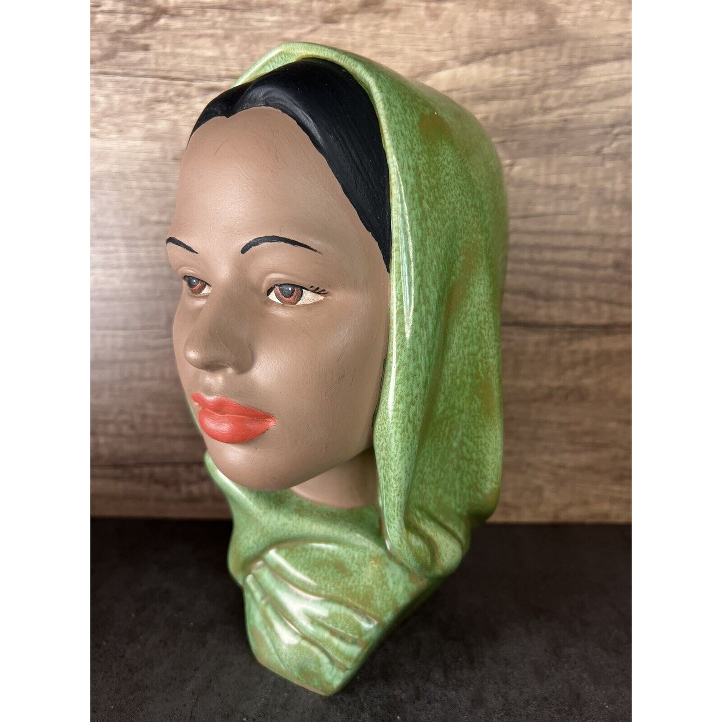 Vintage Female Head Bust Hand Painted Chalk Ware Green Head Scarf Ceramic
