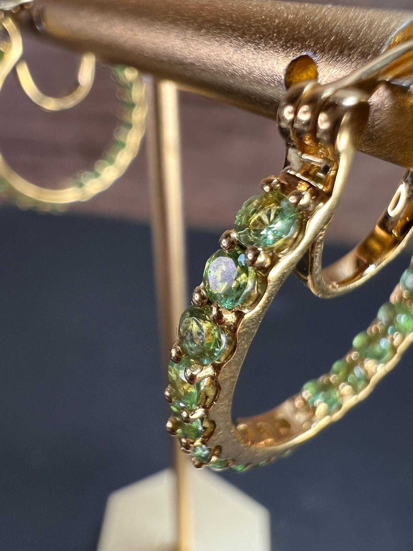 Tsavorite garnet j hoop inside out earrings in yellow gold vermeil over sterling silver