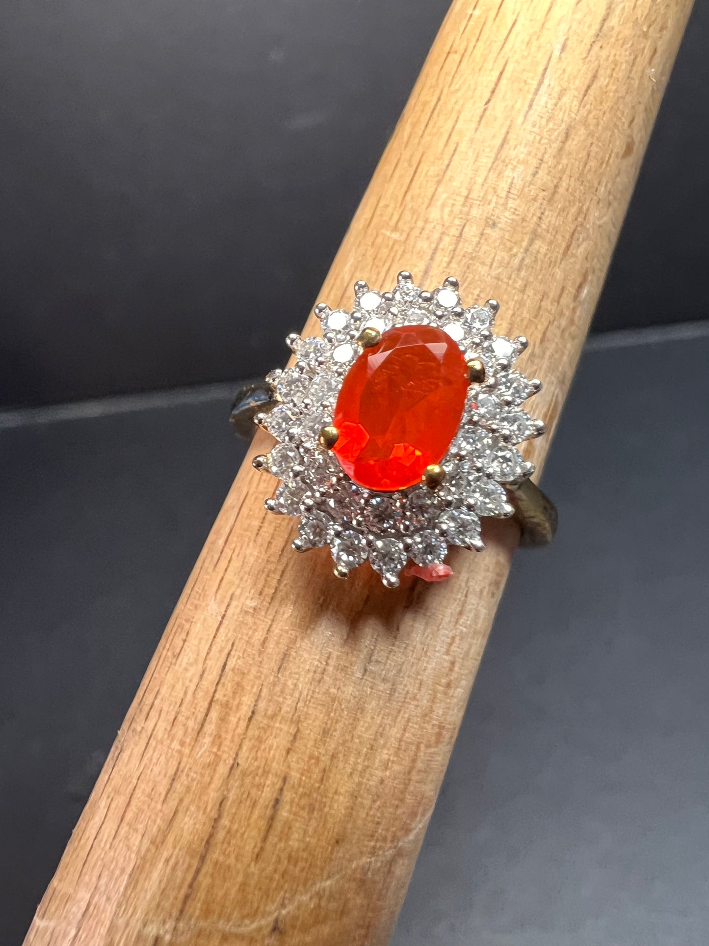 NEW Mexican Cherry fire opal and moissanite double halo ring in vermeil yellow gold over sterling silver size 5