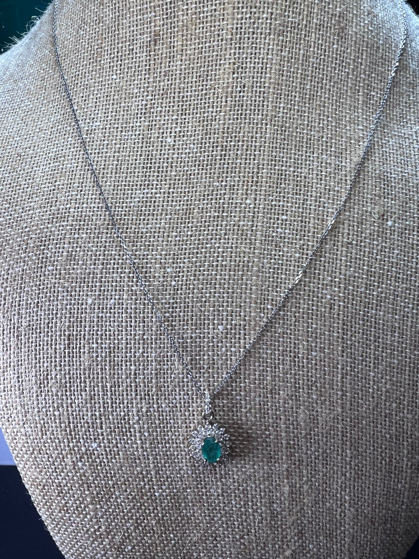 Zambian Emerald and White Zircon Sunburst Pendant Necklace 18 Inches in Platinum Over Sterling Silver 1.50 ctw