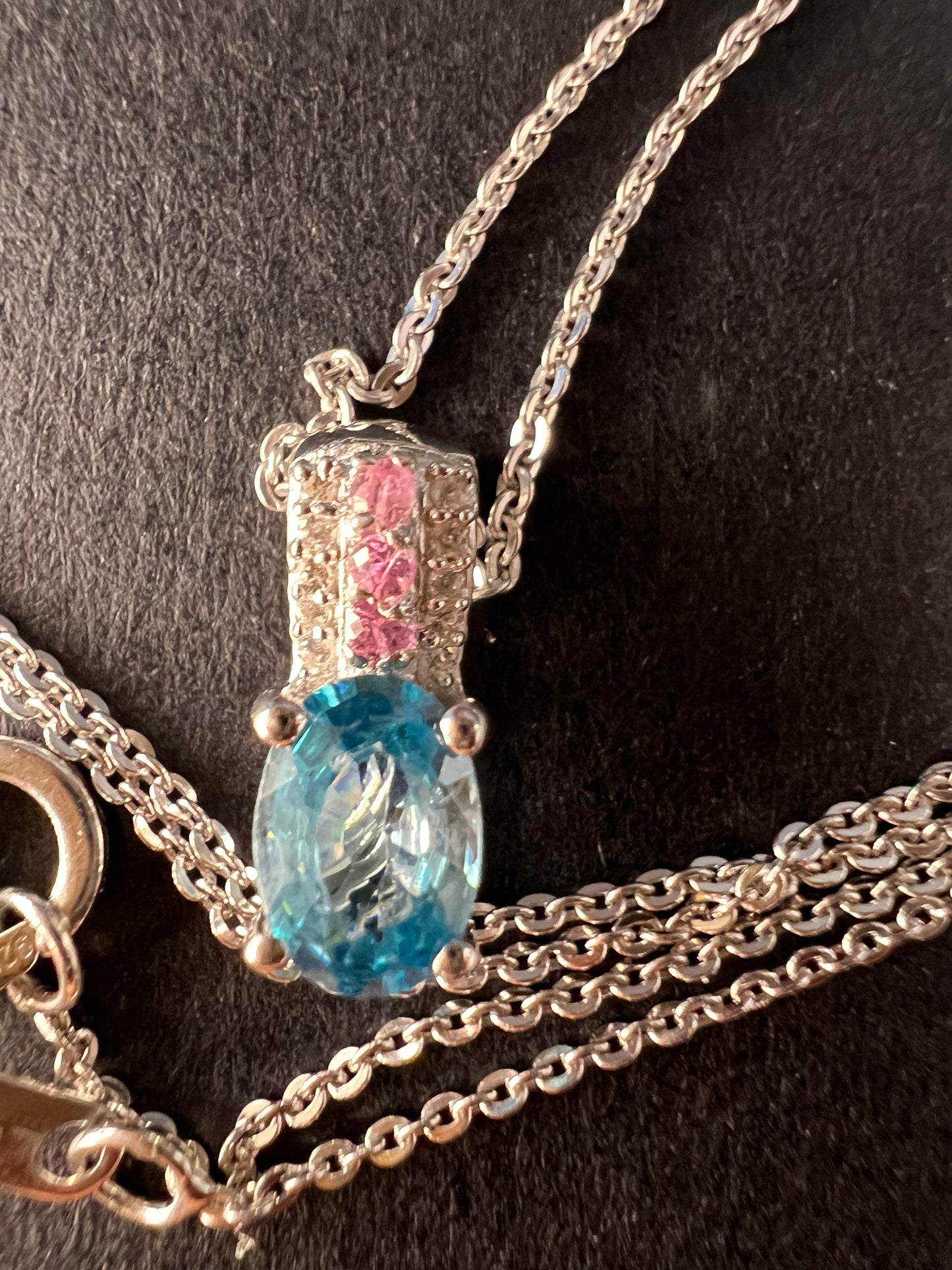 NEW Blue zircon and pink sapphire sterling silver pendant and chain